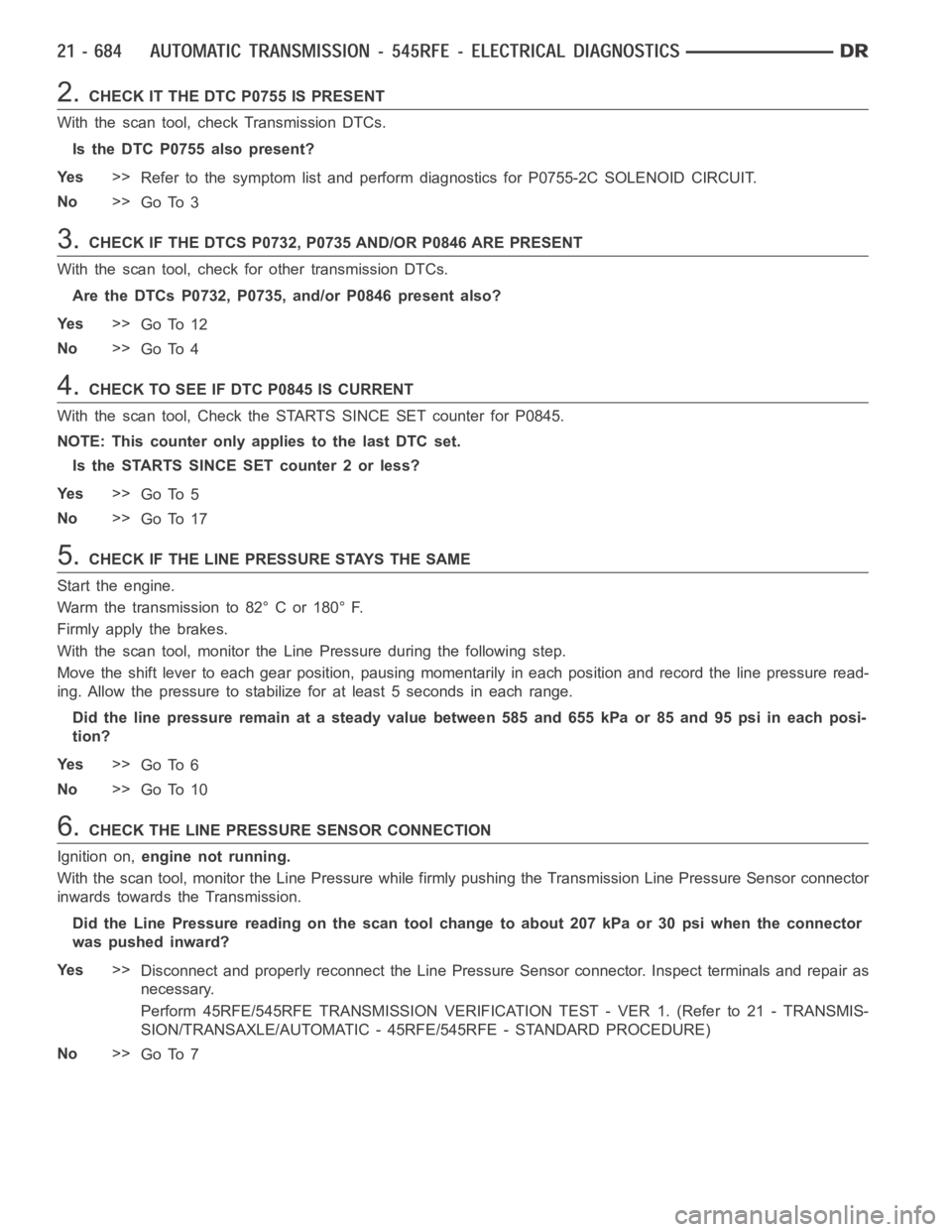 DODGE RAM SRT-10 2006  Service User Guide 2.CHECK IT THE DTC P0755 IS PRESENT
With the scan tool, check Transmission DTCs.
Is the DTC P0755 also present?
Ye s>>
Refer to the symptom list and perform diagnostics for P0755-2C SOLENOID CIRCUIT.
