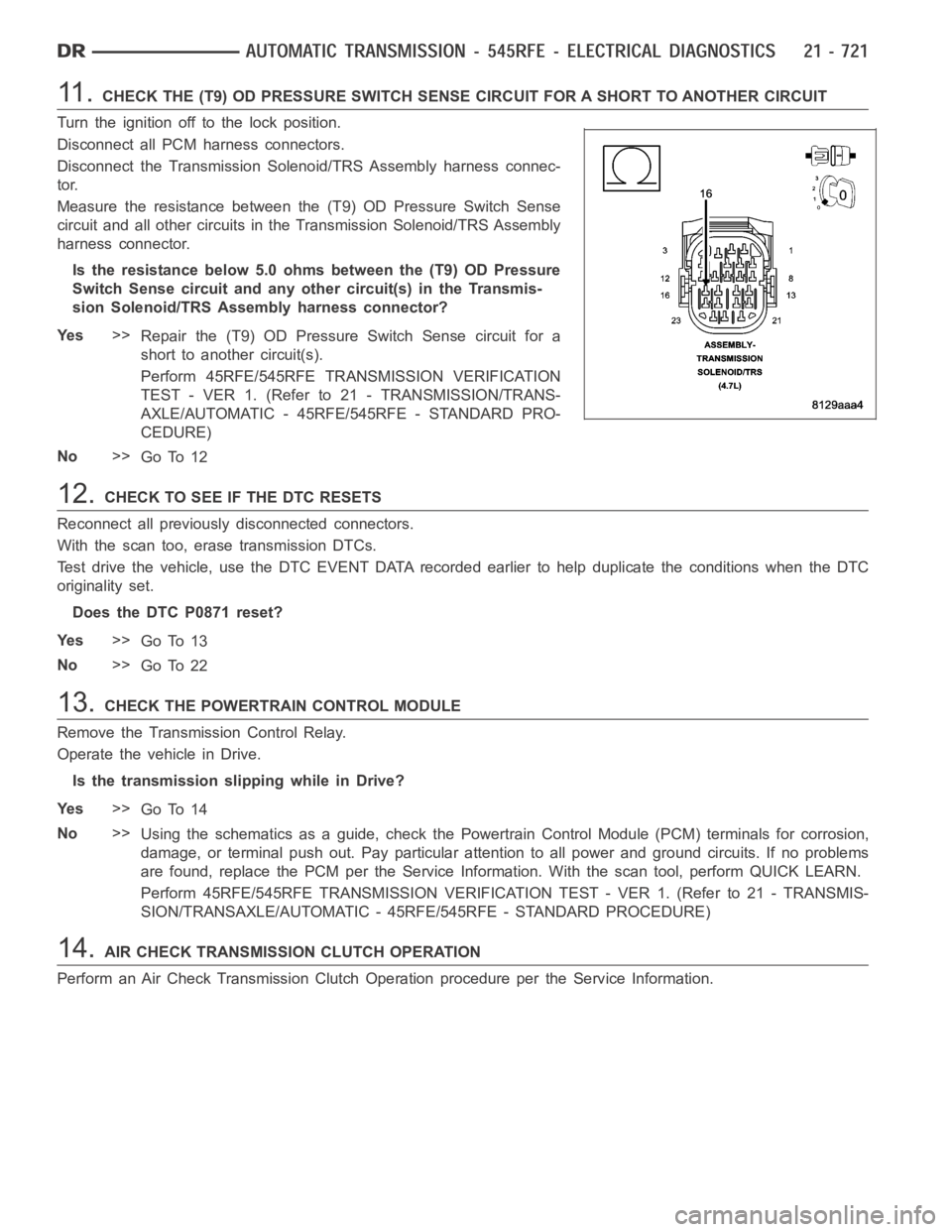 DODGE RAM SRT-10 2006 Service Repair Manual 11 .CHECK THE (T9) OD PRESSURE SWITCH SENSE CIRCUIT FOR A SHORT TO ANOTHER CIRCUIT
Turn the ignition off to the lock position.
Disconnect all PCM harness connectors.
Disconnect the Transmission Soleno DODGE RAM SRT-10 2006 Service Repair Manual 11 .CHECK THE (T9) OD PRESSURE SWITCH SENSE CIRCUIT FOR A SHORT TO ANOTHER CIRCUIT
Turn the ignition off to the lock position.
Disconnect all PCM harness connectors.
Disconnect the Transmission Soleno