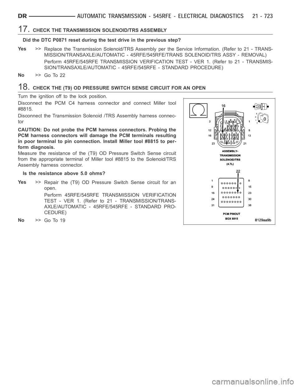 DODGE RAM SRT-10 2006 Service Repair Manual 17.CHECK THE TRANSMISSION SOLENOID/TRS ASSEMBLY
Did the DTC P0871 reset during the test drive in the previous step?
Ye s>>
Replace the Transmission Solenoid/TRS Assembly per the Service Information. ( DODGE RAM SRT-10 2006 Service Repair Manual 17.CHECK THE TRANSMISSION SOLENOID/TRS ASSEMBLY
Did the DTC P0871 reset during the test drive in the previous step?
Ye s>>
Replace the Transmission Solenoid/TRS Assembly per the Service Information. (