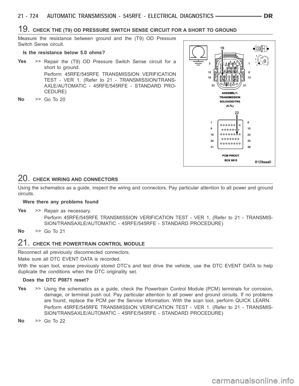 DODGE RAM SRT-10 2006 Service Repair Manual 19.CHECK THE (T9) OD PRESSURE SWITCH SENSE CIRCUIT FOR A SHORT TO GROUND
Measure the resistance between ground and the (T9) OD Pressure
Switch Sense circuit.
Is the resistance below 5.0 ohms?
Ye s>>
R DODGE RAM SRT-10 2006 Service Repair Manual 19.CHECK THE (T9) OD PRESSURE SWITCH SENSE CIRCUIT FOR A SHORT TO GROUND
Measure the resistance between ground and the (T9) OD Pressure
Switch Sense circuit.
Is the resistance below 5.0 ohms?
Ye s>>
R