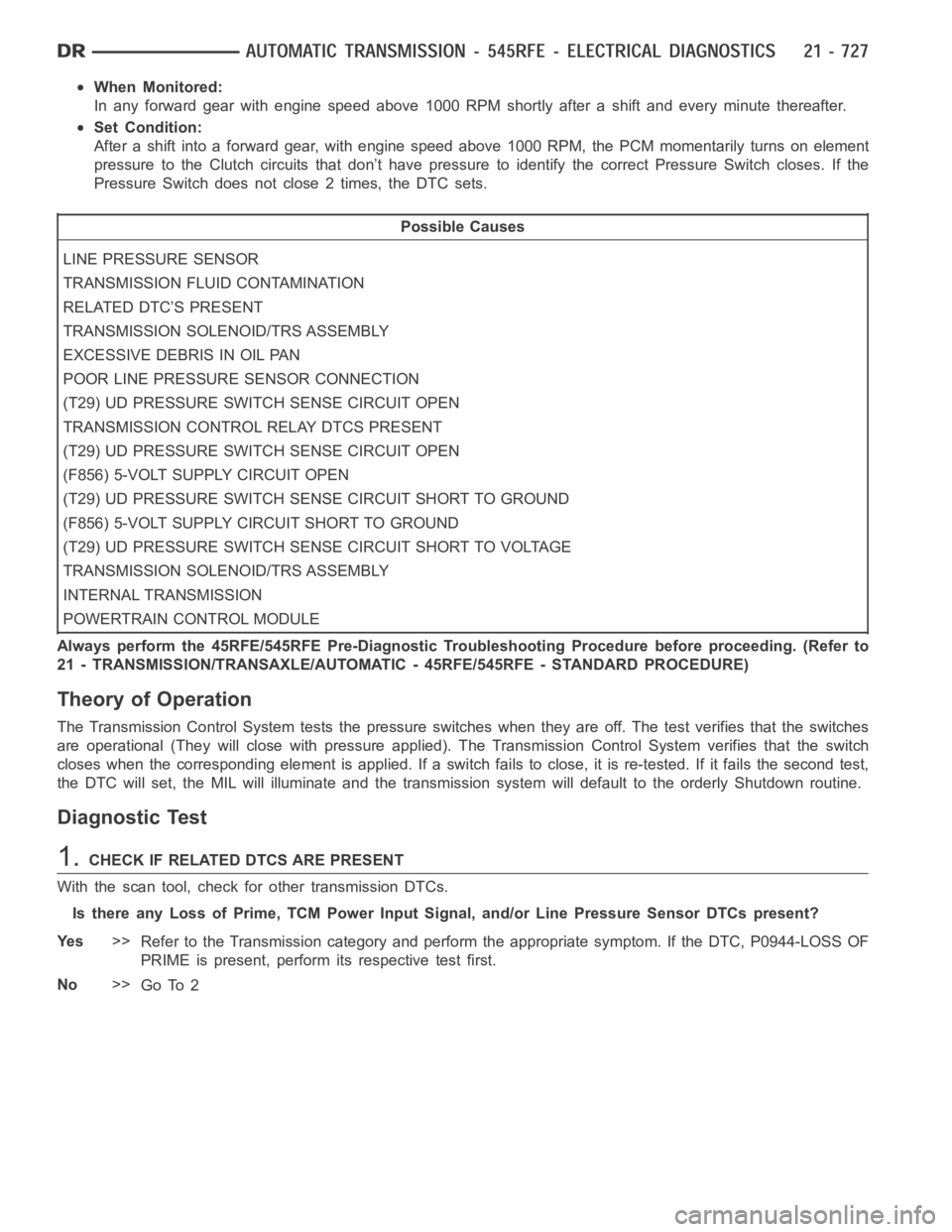 DODGE RAM SRT-10 2006 Service Repair Manual When Monitored:
In any forward gear with engine speed above 1000 RPM shortly after a shift and every minute thereafter.
Set Condition:
After a shift into a forward gear, with engine speed above 1000 R DODGE RAM SRT-10 2006 Service Repair Manual When Monitored:
In any forward gear with engine speed above 1000 RPM shortly after a shift and every minute thereafter.
Set Condition:
After a shift into a forward gear, with engine speed above 1000 R