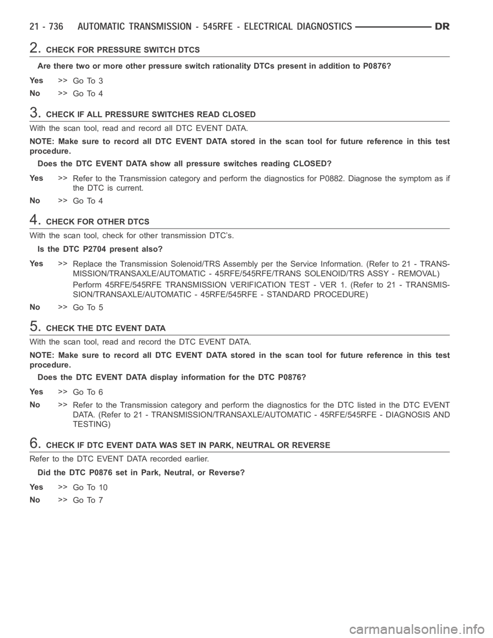 DODGE RAM SRT-10 2006 Service Repair Manual 2.CHECK FOR PRESSURE SWITCH DTCS
Are there two or more other pressure switch rationality DTCs present in addition to P0876?
Ye s>>
Go To 3
No>>
Go To 4
3.CHECK IF ALL PRESSURE SWITCHES READ CLOSED
Wit DODGE RAM SRT-10 2006 Service Repair Manual 2.CHECK FOR PRESSURE SWITCH DTCS
Are there two or more other pressure switch rationality DTCs present in addition to P0876?
Ye s>>
Go To 3
No>>
Go To 4
3.CHECK IF ALL PRESSURE SWITCHES READ CLOSED
Wit