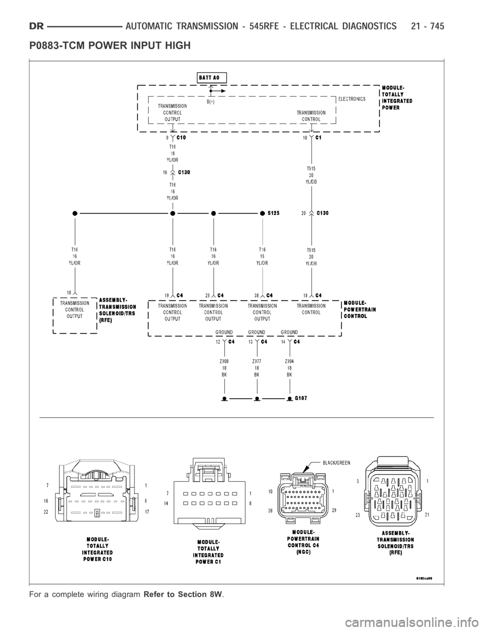 DODGE RAM SRT-10 2006 Service Repair Manual P0883-TCM POWER INPUT HIGH
For a complete wiring diagramRefer to Section 8W. DODGE RAM SRT-10 2006 Service Repair Manual P0883-TCM POWER INPUT HIGH
For a complete wiring diagramRefer to Section 8W.