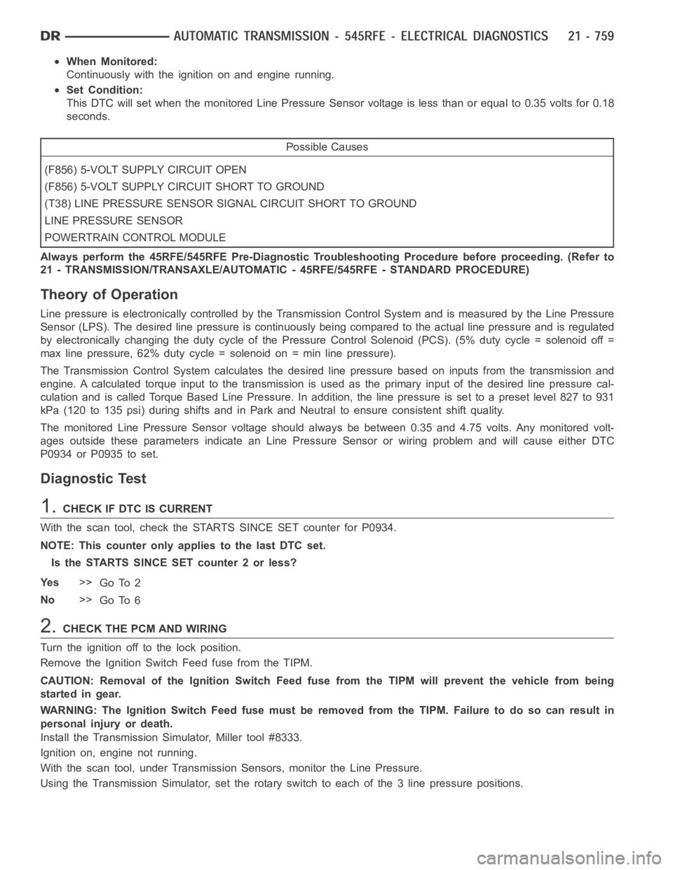 DODGE RAM SRT-10 2006 Service Repair Manual When Monitored:
Continuously with the ignition on and engine running.
Set Condition:
This DTC will set when the monitored Line Pressure Sensor voltage is less than or equal to 0.35 volts for 0.18
seco DODGE RAM SRT-10 2006 Service Repair Manual When Monitored:
Continuously with the ignition on and engine running.
Set Condition:
This DTC will set when the monitored Line Pressure Sensor voltage is less than or equal to 0.35 volts for 0.18
seco