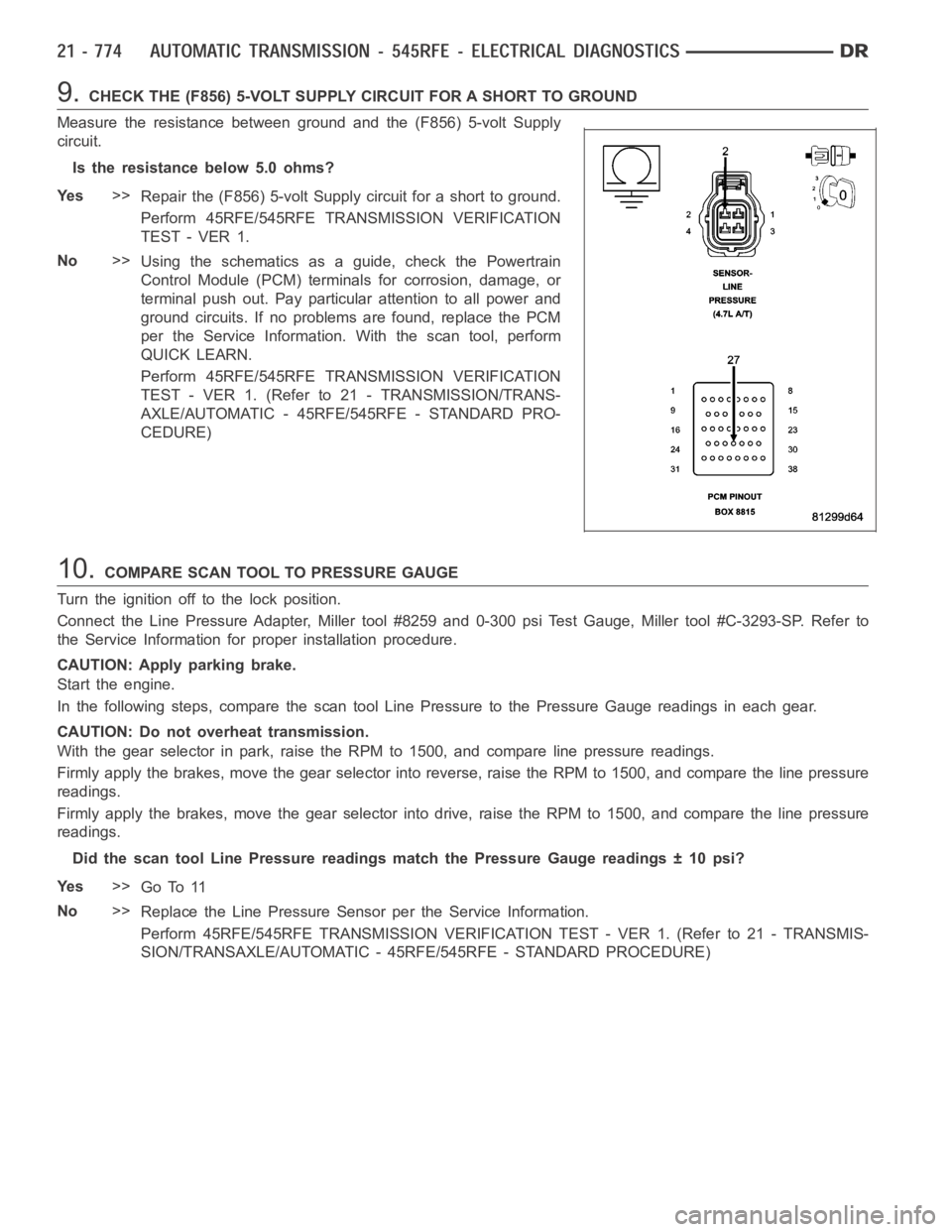 DODGE RAM SRT-10 2006  Service Repair Manual 9.CHECK THE (F856) 5-VOLT SUPPLY CIRCUIT FOR A SHORT TO GROUND
Measure the resistance between ground and the (F856) 5-volt Supply
circuit.
Is the resistance below 5.0 ohms?
Ye s>>
Repair the (F856) 5-