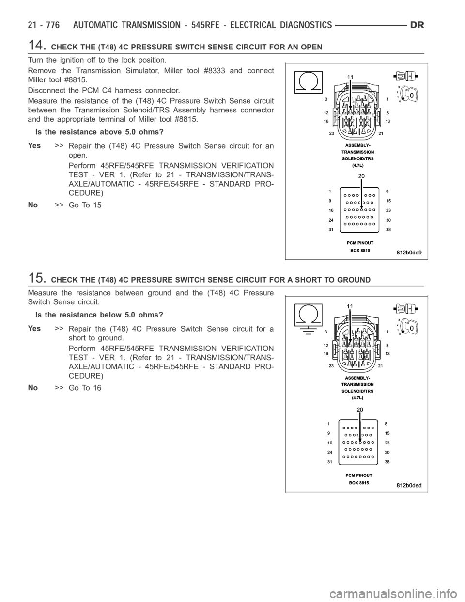 DODGE RAM SRT-10 2006 Service Repair Manual 14.CHECK THE (T48) 4C PRESSURE SWITCH SENSE CIRCUIT FOR AN OPEN
Turn the ignition off to the lock position.
Remove the Transmission Simulator, Miller tool #8333 and connect
Miller tool #8815.
Disconne DODGE RAM SRT-10 2006 Service Repair Manual 14.CHECK THE (T48) 4C PRESSURE SWITCH SENSE CIRCUIT FOR AN OPEN
Turn the ignition off to the lock position.
Remove the Transmission Simulator, Miller tool #8333 and connect
Miller tool #8815.
Disconne