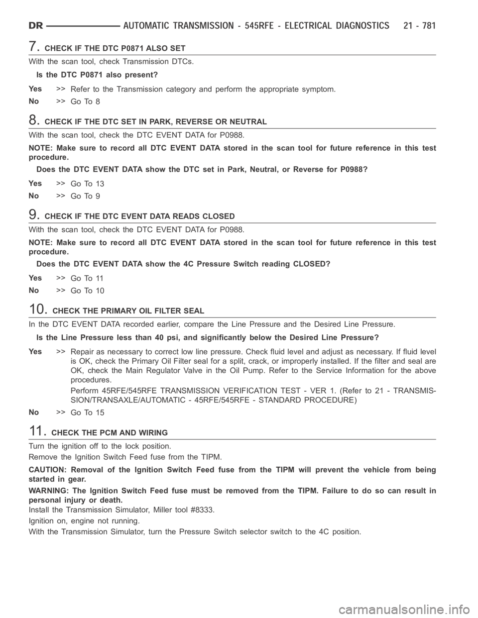 DODGE RAM SRT-10 2006 Service Repair Manual 7.CHECK IF THE DTC P0871 ALSO SET
With the scan tool, check Transmission DTCs.
Is the DTC P0871 also present?
Ye s>>
Refer to the Transmission category and perform the appropriate symptom.
No>>
Go To DODGE RAM SRT-10 2006 Service Repair Manual 7.CHECK IF THE DTC P0871 ALSO SET
With the scan tool, check Transmission DTCs.
Is the DTC P0871 also present?
Ye s>>
Refer to the Transmission category and perform the appropriate symptom.
No>>
Go To