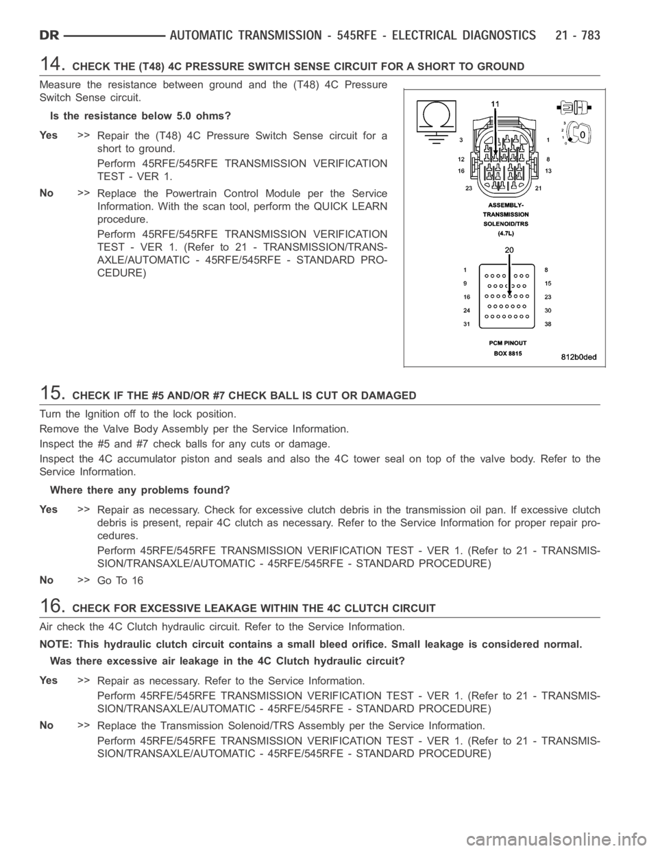 DODGE RAM SRT-10 2006 Service Repair Manual 14.CHECK THE (T48) 4C PRESSURE SWITCH SENSE CIRCUIT FOR A SHORT TO GROUND
Measure the resistance between ground and the (T48) 4C Pressure
Switch Sense circuit.
Is the resistance below 5.0 ohms?
Ye s>> DODGE RAM SRT-10 2006 Service Repair Manual 14.CHECK THE (T48) 4C PRESSURE SWITCH SENSE CIRCUIT FOR A SHORT TO GROUND
Measure the resistance between ground and the (T48) 4C Pressure
Switch Sense circuit.
Is the resistance below 5.0 ohms?
Ye s>>