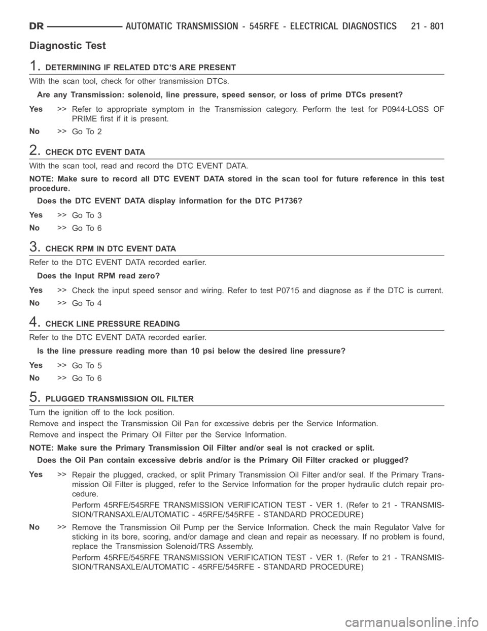 DODGE RAM SRT-10 2006  Service Workshop Manual Diagnostic Test
1.DETERMINING IF RELATED DTC’S ARE PRESENT
With the scan tool, check for other transmission DTCs.
Are any Transmission: solenoid, line pressure, speed sensor, or loss of primeDTCspre DODGE RAM SRT-10 2006  Service Workshop Manual Diagnostic Test
1.DETERMINING IF RELATED DTC’S ARE PRESENT
With the scan tool, check for other transmission DTCs.
Are any Transmission: solenoid, line pressure, speed sensor, or loss of primeDTCspre