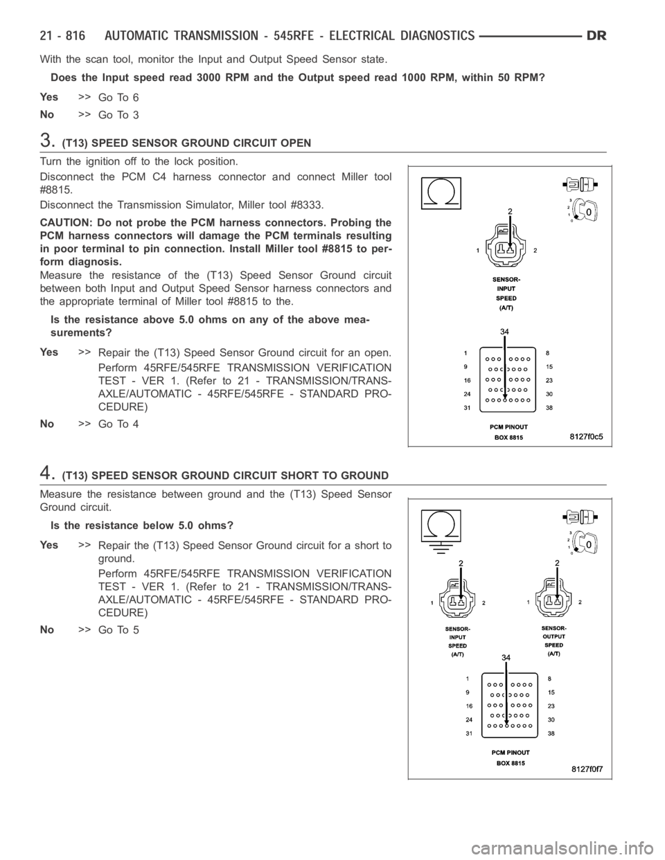DODGE RAM SRT-10 2006 Service Repair Manual With the scan tool, monitor the Input and Output Speed Sensor state.
Does the Input speed read 3000 RPM and the Output speed read 1000 RPM, within50 RPM?
Ye s>>
Go To 6
No>>
Go To 3
3.(T13) SPEED SENS DODGE RAM SRT-10 2006 Service Repair Manual With the scan tool, monitor the Input and Output Speed Sensor state.
Does the Input speed read 3000 RPM and the Output speed read 1000 RPM, within50 RPM?
Ye s>>
Go To 6
No>>
Go To 3
3.(T13) SPEED SENS