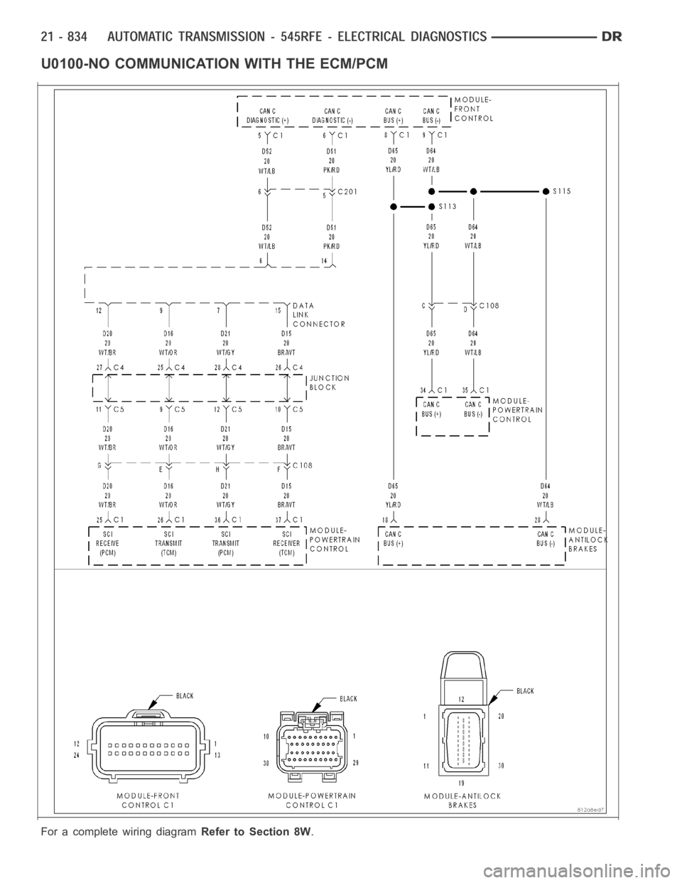 DODGE RAM SRT-10 2006  Service Repair Manual U0100-NO COMMUNICATION WITH THE ECM/PCM
For a complete wiring diagramRefer to Section 8W. 