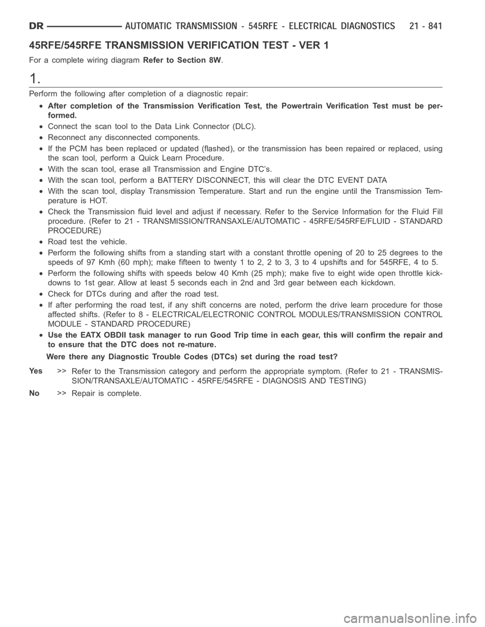 DODGE RAM SRT-10 2006 Service Repair Manual 45RFE/545RFE TRANSMISSION VERIFICATION TEST - VER 1
For a complete wiring diagramRefer to Section 8W.
1.
Perform the following after completion of a diagnostic repair:
After completion of the Transmis DODGE RAM SRT-10 2006 Service Repair Manual 45RFE/545RFE TRANSMISSION VERIFICATION TEST - VER 1
For a complete wiring diagramRefer to Section 8W.
1.
Perform the following after completion of a diagnostic repair:
After completion of the Transmis