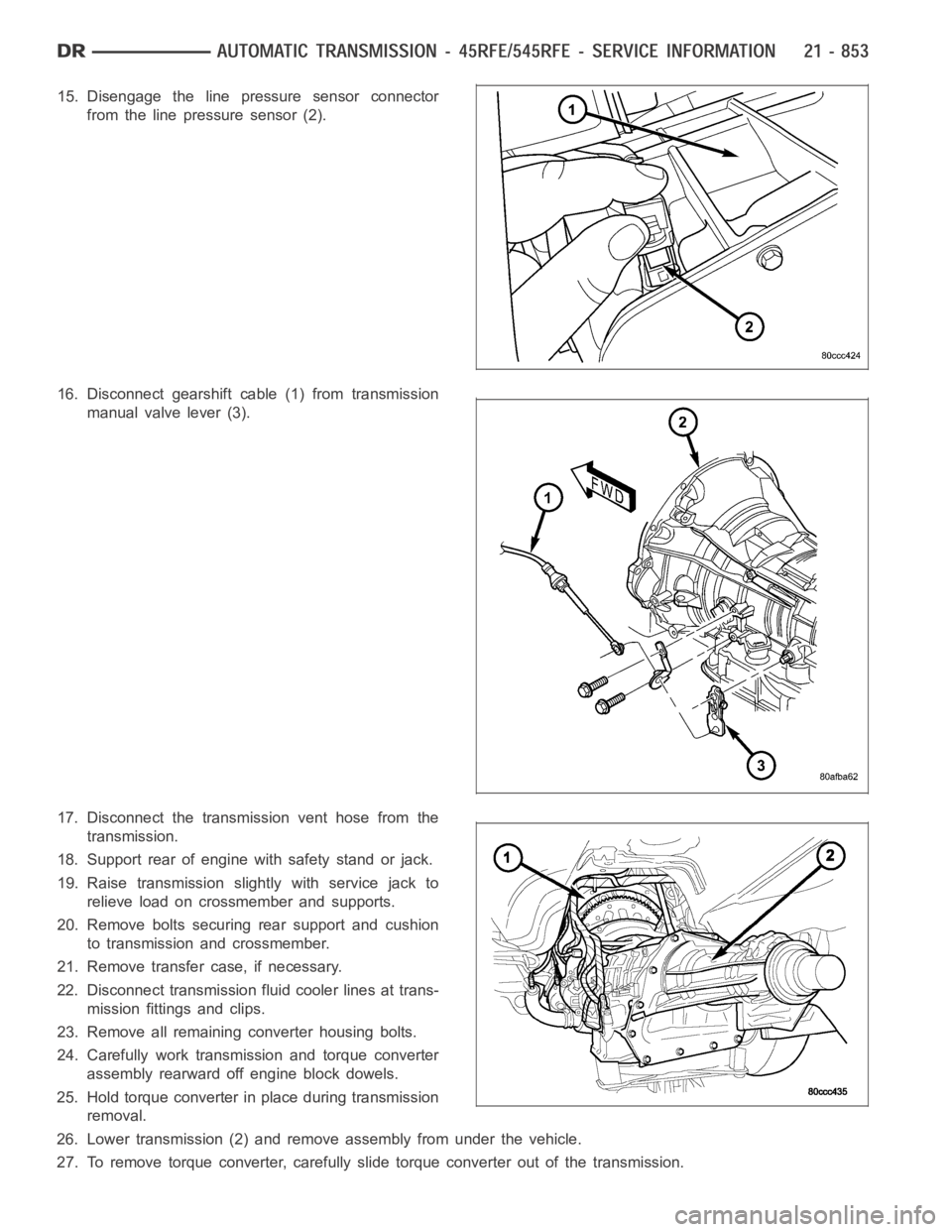 DODGE RAM SRT-10 2006 Service Repair Manual 15. Disengage the line pressure sensor connector
from the line pressure sensor (2).
16. Disconnect gearshift cable (1) from transmission
manual valve lever (3).
17. Disconnect the transmission vent ho DODGE RAM SRT-10 2006 Service Repair Manual 15. Disengage the line pressure sensor connector
from the line pressure sensor (2).
16. Disconnect gearshift cable (1) from transmission
manual valve lever (3).
17. Disconnect the transmission vent ho