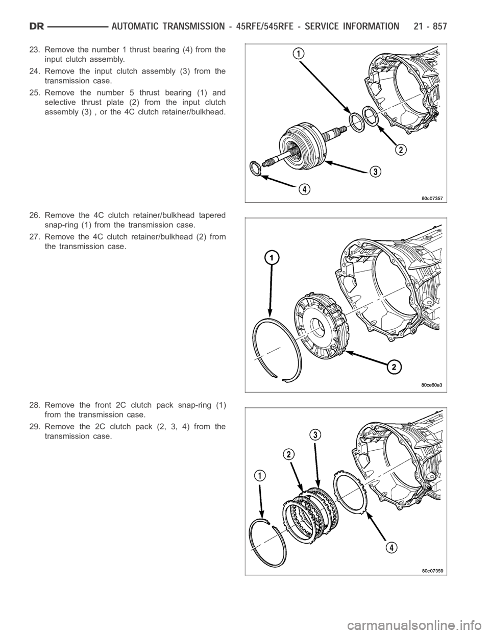 DODGE RAM SRT-10 2006 Service Repair Manual 23. Remove the number 1 thrust bearing (4) from the
input clutch assembly.
24. Remove the input clutch assembly (3) from the
transmission case.
25. Remove the number 5 thrust bearing (1) and
selective DODGE RAM SRT-10 2006 Service Repair Manual 23. Remove the number 1 thrust bearing (4) from the
input clutch assembly.
24. Remove the input clutch assembly (3) from the
transmission case.
25. Remove the number 5 thrust bearing (1) and
selective