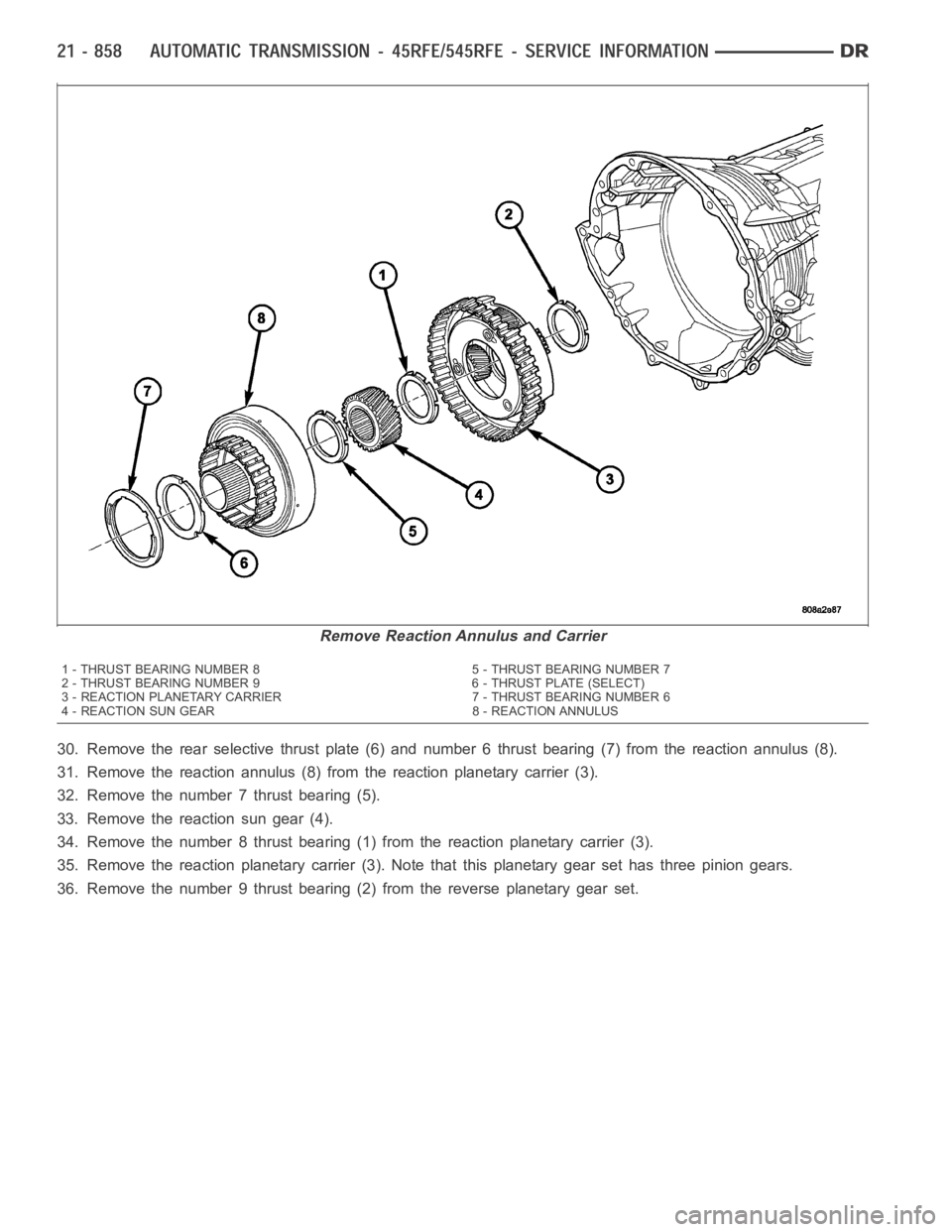 DODGE RAM SRT-10 2006 Service Repair Manual 30. Remove the rear selective thrust plate (6) and number 6 thrust bearing (7) from the reaction annulus (8).
31. Remove the reaction annulus (8) from the reaction planetary carrier (3).
32. Remove th DODGE RAM SRT-10 2006 Service Repair Manual 30. Remove the rear selective thrust plate (6) and number 6 thrust bearing (7) from the reaction annulus (8).
31. Remove the reaction annulus (8) from the reaction planetary carrier (3).
32. Remove th