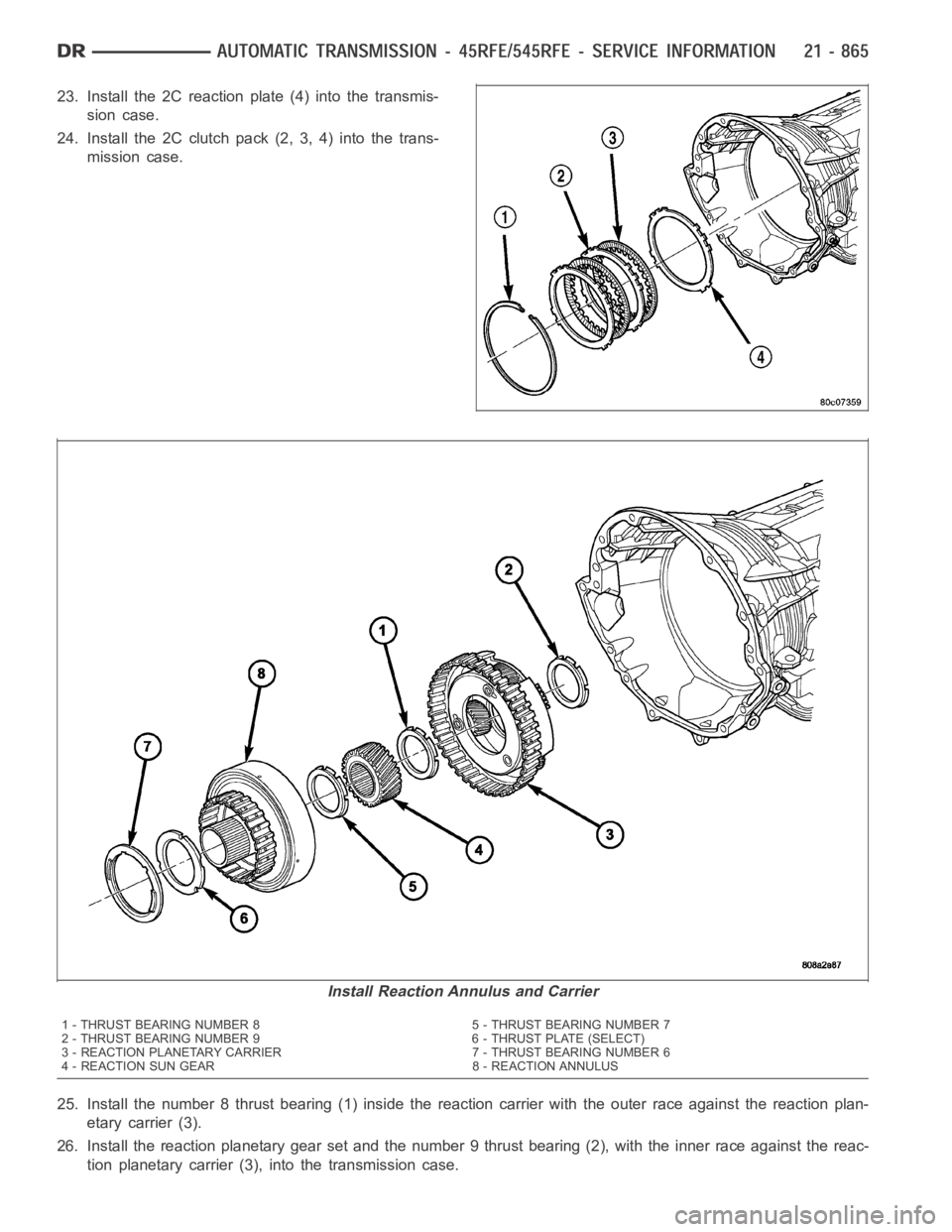 DODGE RAM SRT-10 2006 Service Repair Manual 23. Install the 2C reaction plate (4) into the transmis-
sion case.
24. Install the 2C clutch pack (2, 3, 4) into the trans-
mission case.
25. Install the number 8 thrust bearing (1) inside the reacti DODGE RAM SRT-10 2006 Service Repair Manual 23. Install the 2C reaction plate (4) into the transmis-
sion case.
24. Install the 2C clutch pack (2, 3, 4) into the trans-
mission case.
25. Install the number 8 thrust bearing (1) inside the reacti