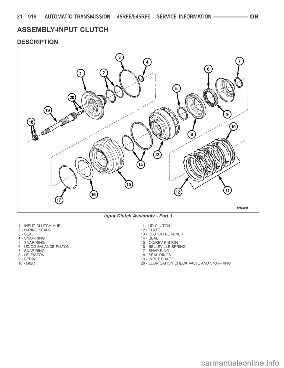 DODGE RAM SRT-10 2006 Service Repair Manual ASSEMBLY-INPUT CLUTCH
DESCRIPTION
Input Clutch Assembly - Part 1
1 - INPUT CLUTCH HUB 11 - UD CLUTCH
2 - O-RING SEALS 12 - PLATE
3 - SEAL 13 - CLUTCH RETAINER
4 - SNAP-RING 14 - SEAL
5 - SNAP-RING 15 DODGE RAM SRT-10 2006 Service Repair Manual ASSEMBLY-INPUT CLUTCH
DESCRIPTION
Input Clutch Assembly - Part 1
1 - INPUT CLUTCH HUB 11 - UD CLUTCH
2 - O-RING SEALS 12 - PLATE
3 - SEAL 13 - CLUTCH RETAINER
4 - SNAP-RING 14 - SEAL
5 - SNAP-RING 15