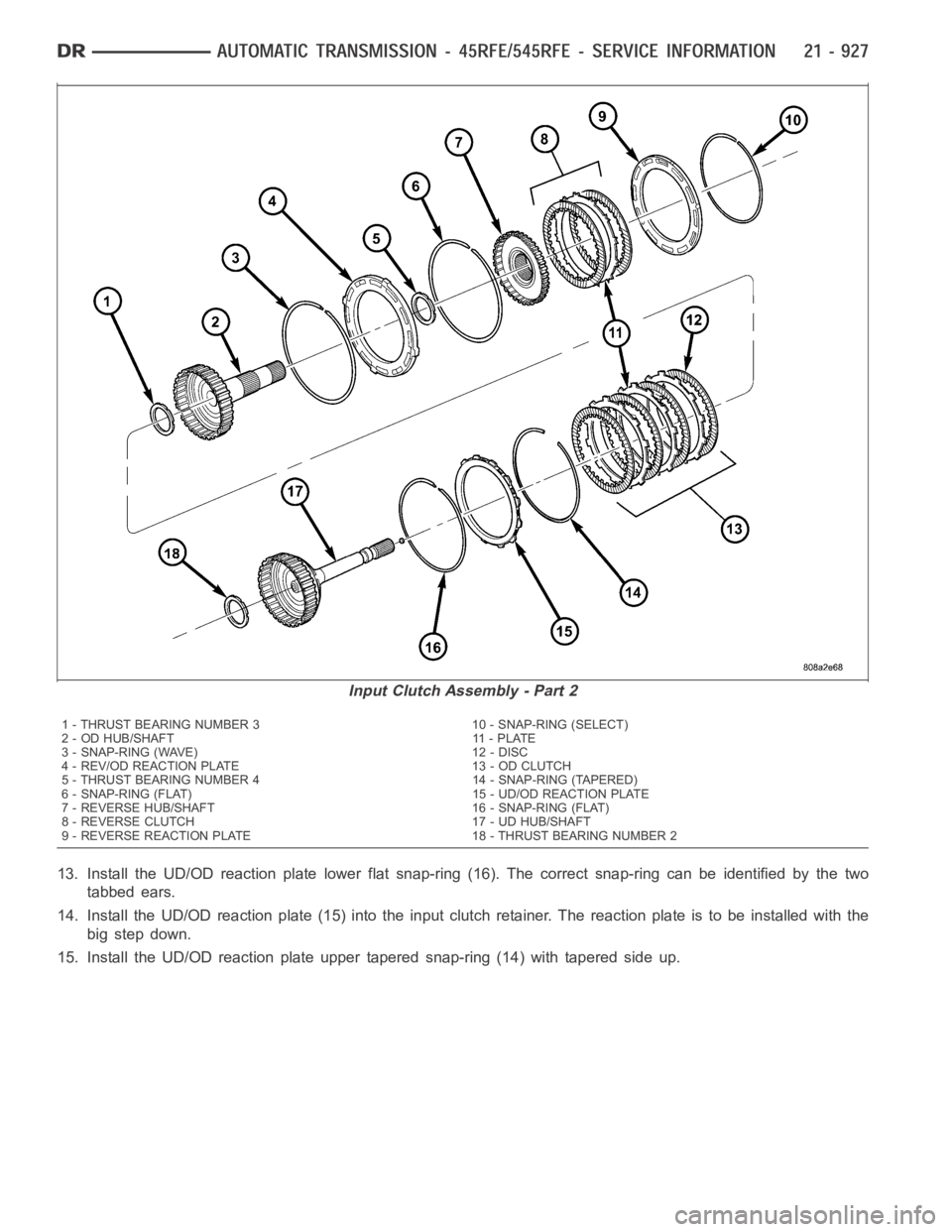 DODGE RAM SRT-10 2006 Service Repair Manual 13. Install the UD/OD reaction plate lower flat snap-ring (16). The correct snap-ring can be identified by the two
tabbed ears.
14. Install the UD/OD reaction plate (15) into the input clutch retainer DODGE RAM SRT-10 2006 Service Repair Manual 13. Install the UD/OD reaction plate lower flat snap-ring (16). The correct snap-ring can be identified by the two
tabbed ears.
14. Install the UD/OD reaction plate (15) into the input clutch retainer