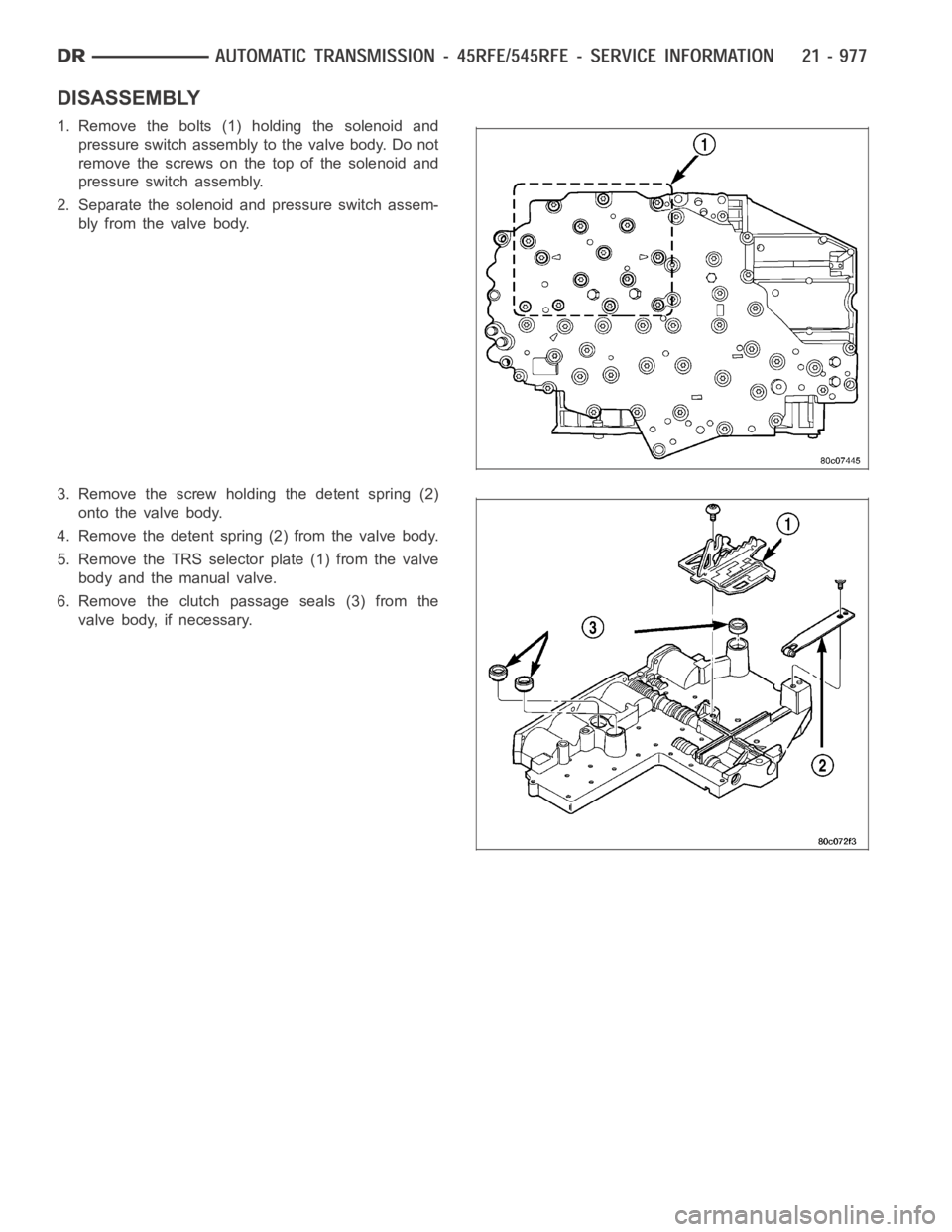 DODGE RAM SRT-10 2006 Service Repair Manual DISASSEMBLY
1. Remove the bolts (1) holding the solenoid and
pressure switch assembly to the valve body. Do not
remove the screws on the top of the solenoid and
pressure switch assembly.
2. Separate t DODGE RAM SRT-10 2006 Service Repair Manual DISASSEMBLY
1. Remove the bolts (1) holding the solenoid and
pressure switch assembly to the valve body. Do not
remove the screws on the top of the solenoid and
pressure switch assembly.
2. Separate t