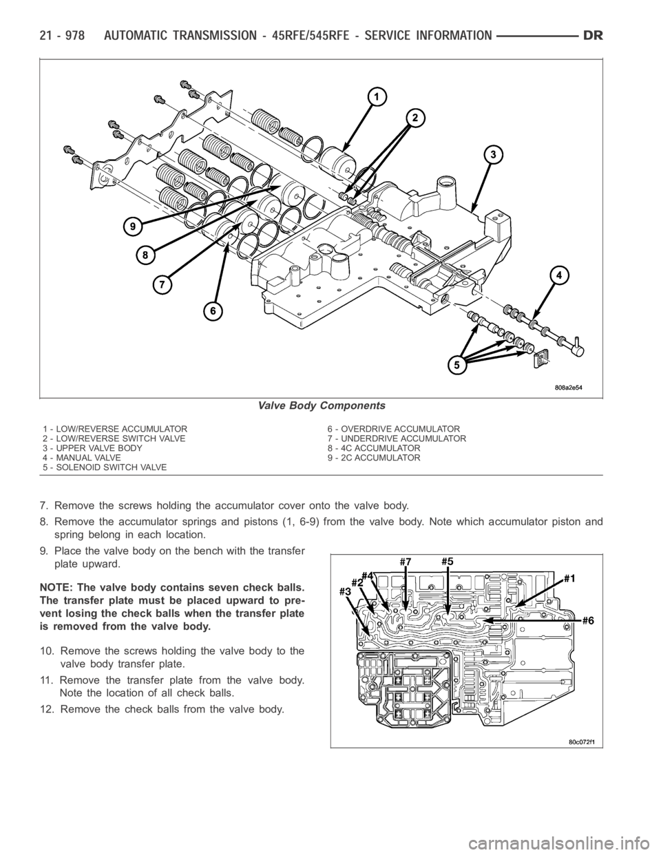DODGE RAM SRT-10 2006 Service Repair Manual 7. Remove the screws holding the accumulator cover onto the valve body.
8. Remove the accumulator springs and pistons (1, 6-9) from the valve body.Note which accumulator piston and
spring belong in ea DODGE RAM SRT-10 2006 Service Repair Manual 7. Remove the screws holding the accumulator cover onto the valve body.
8. Remove the accumulator springs and pistons (1, 6-9) from the valve body.Note which accumulator piston and
spring belong in ea