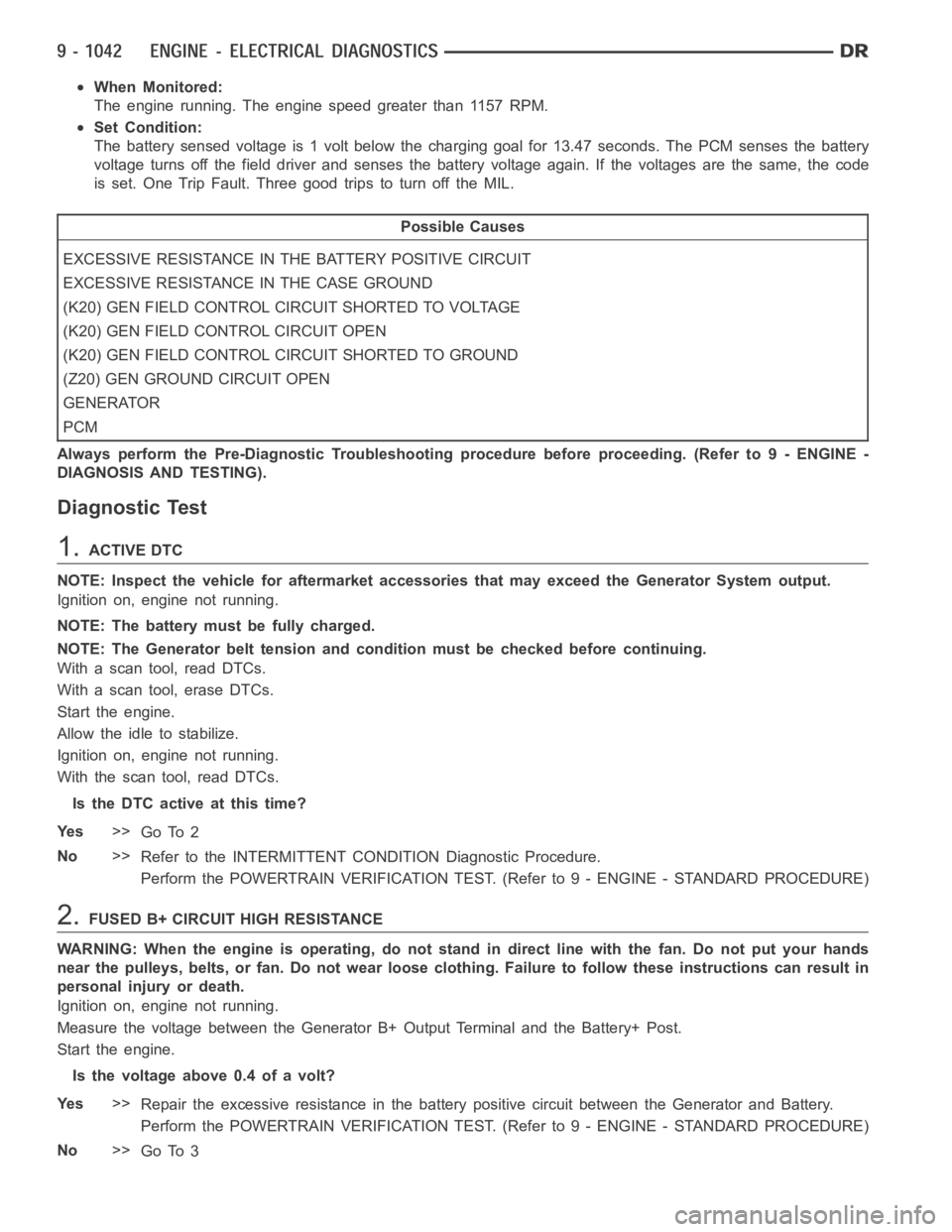DODGE RAM SRT-10 2006 Service Repair Manual When Monitored:
The engine running. The engine speed greater than 1157 RPM.
Set Condition:
The battery sensed voltage is 1 volt below the charging goal for 13.47 seconds. The PCM senses the battery
vo DODGE RAM SRT-10 2006 Service Repair Manual When Monitored:
The engine running. The engine speed greater than 1157 RPM.
Set Condition:
The battery sensed voltage is 1 volt below the charging goal for 13.47 seconds. The PCM senses the battery
vo