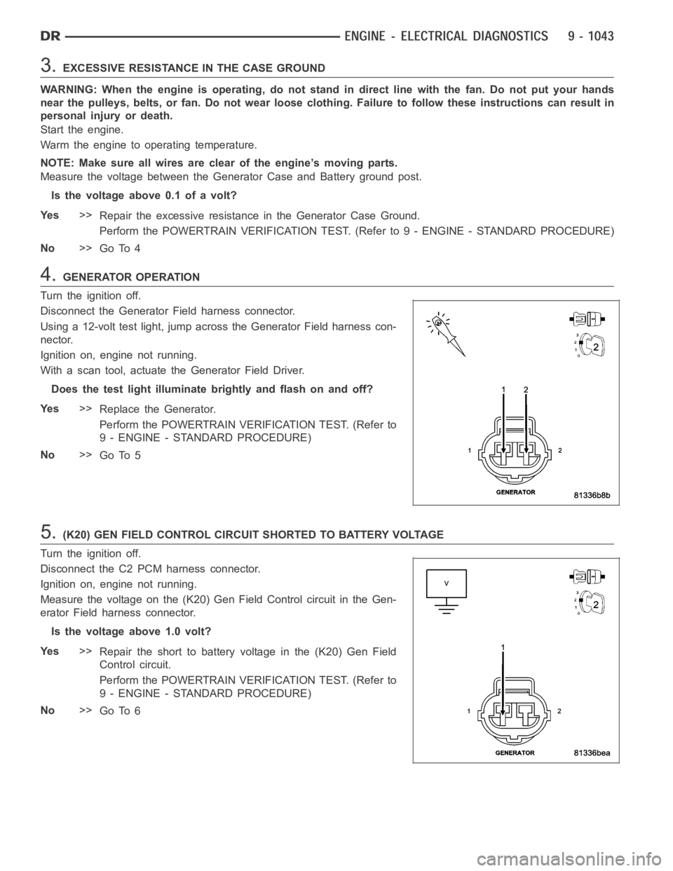 DODGE RAM SRT-10 2006 Service Repair Manual 3.EXCESSIVE RESISTANCE IN THE CASE GROUND
WARNING: When the engine is operating, do not stand in direct line with the fan. Do not put your hands
near the pulleys, belts, or fan. Do notwear loose cloth DODGE RAM SRT-10 2006 Service Repair Manual 3.EXCESSIVE RESISTANCE IN THE CASE GROUND
WARNING: When the engine is operating, do not stand in direct line with the fan. Do not put your hands
near the pulleys, belts, or fan. Do notwear loose cloth