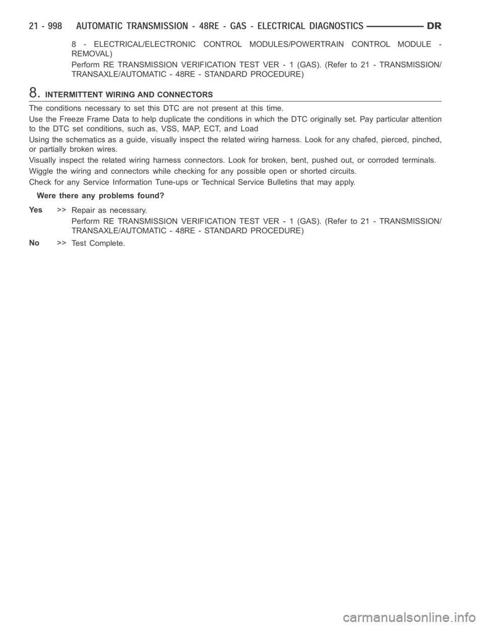 DODGE RAM SRT-10 2006 Service Repair Manual 8 - ELECTRICAL/ELECTRONIC CONTROL MODULES/POWERTRAIN CONTROL MODULE -
REMOVAL)
Perform RE TRANSMISSION VERIFICATION TEST VER - 1 (GAS). (Refer to 21 - TRANSMISSION/
TRANSAXLE/AUTOMATIC - 48RE - STANDA DODGE RAM SRT-10 2006 Service Repair Manual 8 - ELECTRICAL/ELECTRONIC CONTROL MODULES/POWERTRAIN CONTROL MODULE -
REMOVAL)
Perform RE TRANSMISSION VERIFICATION TEST VER - 1 (GAS). (Refer to 21 - TRANSMISSION/
TRANSAXLE/AUTOMATIC - 48RE - STANDA