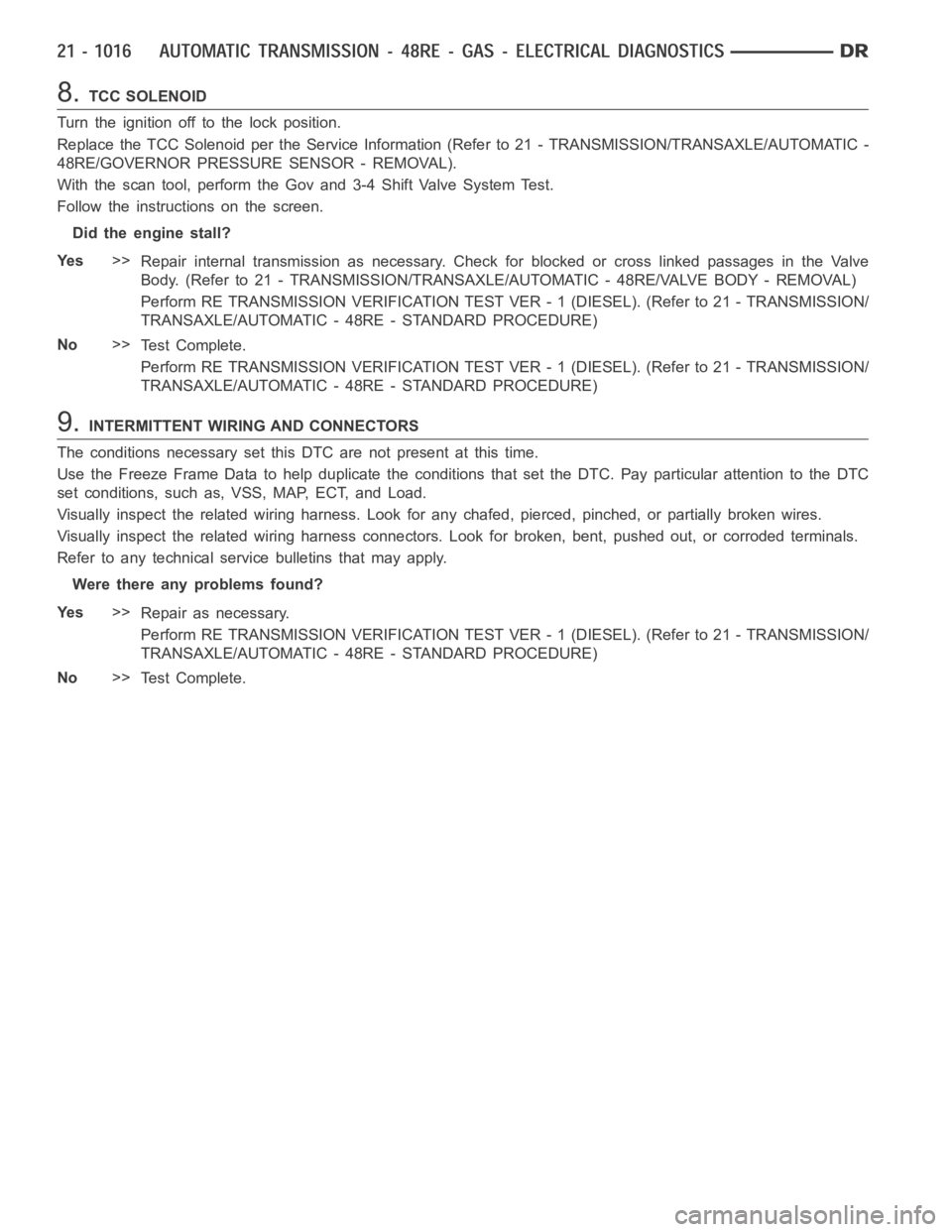 DODGE RAM SRT-10 2006 Service Repair Manual 8.TCC SOLENOID
Turn the ignition off to the lock position.
Replace the TCC Solenoid per the Service Information (Refer to 21 - TRANSMISSION/TRANSAXLE/AUTOMATIC -
48RE/GOVERNOR PRESSURE SENSOR - REMOVA DODGE RAM SRT-10 2006 Service Repair Manual 8.TCC SOLENOID
Turn the ignition off to the lock position.
Replace the TCC Solenoid per the Service Information (Refer to 21 - TRANSMISSION/TRANSAXLE/AUTOMATIC -
48RE/GOVERNOR PRESSURE SENSOR - REMOVA