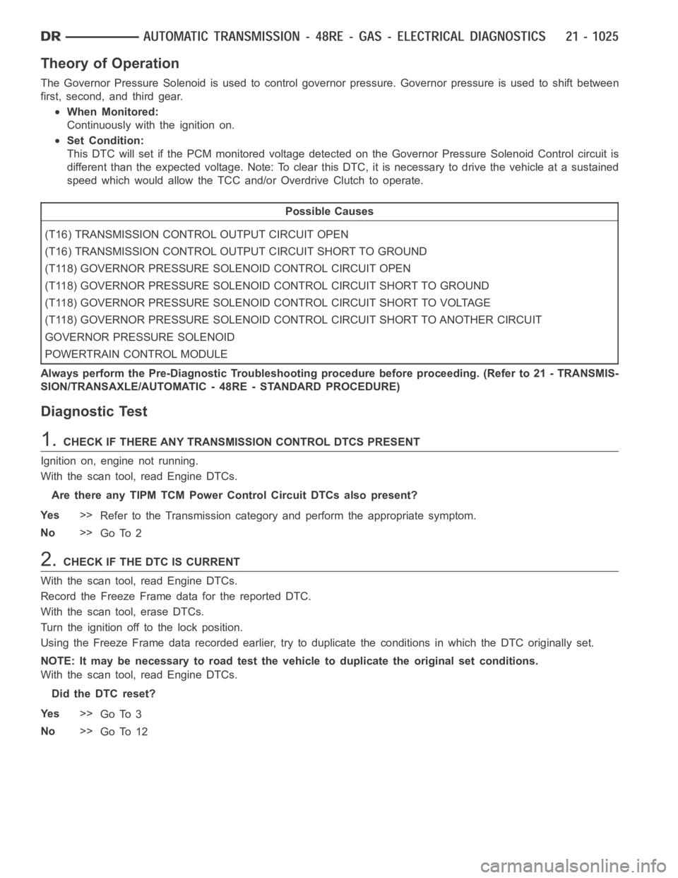 DODGE RAM SRT-10 2006 Service Repair Manual Theory of Operation
The Governor Pressure Solenoid is used to control governor pressure. Governor pressure is used to shift between
first, second, and third gear.
When Monitored:
Continuously with the DODGE RAM SRT-10 2006 Service Repair Manual Theory of Operation
The Governor Pressure Solenoid is used to control governor pressure. Governor pressure is used to shift between
first, second, and third gear.
When Monitored:
Continuously with the