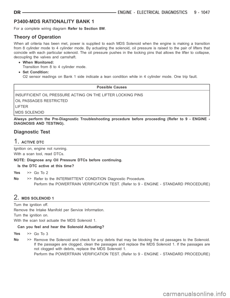 DODGE RAM SRT-10 2006 Service Repair Manual P3400-MDS RATIONALITY BANK 1
For a complete wiring diagramRefer to Section 8W.
Theory of Operation
When all criteria has been met, power is supplied to each MDS Solenoid when the engine is making a tr DODGE RAM SRT-10 2006 Service Repair Manual P3400-MDS RATIONALITY BANK 1
For a complete wiring diagramRefer to Section 8W.
Theory of Operation
When all criteria has been met, power is supplied to each MDS Solenoid when the engine is making a tr