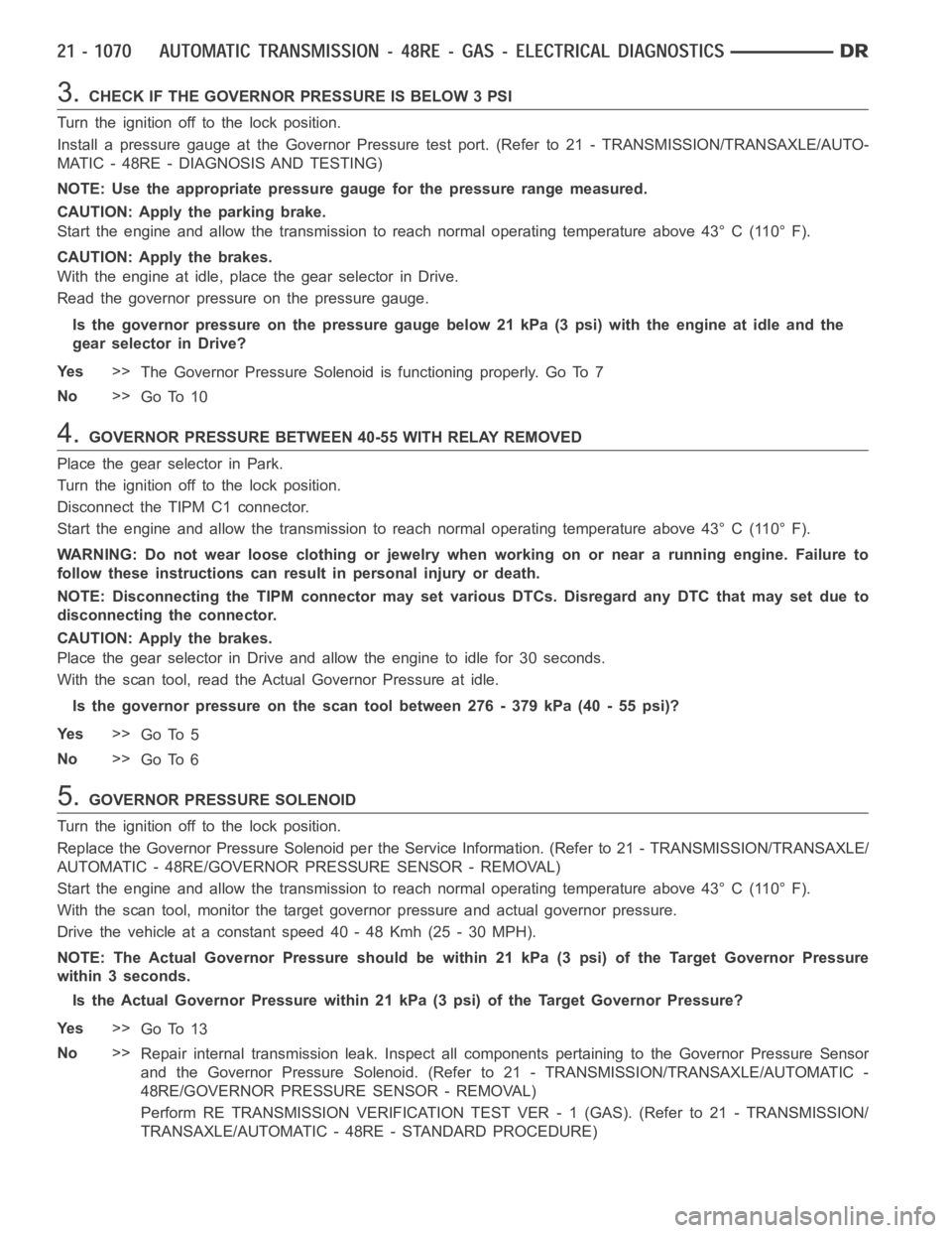 DODGE RAM SRT-10 2006 Service Repair Manual 3.CHECK IF THE GOVERNOR PRESSURE IS BELOW 3 PSI
Turn the ignition off to the lock position.
Install a pressure gauge at the Governor Pressure test port. (Refer to 21 - TRANSMISSION/TRANSAXLE/AUTO-
MAT DODGE RAM SRT-10 2006 Service Repair Manual 3.CHECK IF THE GOVERNOR PRESSURE IS BELOW 3 PSI
Turn the ignition off to the lock position.
Install a pressure gauge at the Governor Pressure test port. (Refer to 21 - TRANSMISSION/TRANSAXLE/AUTO-
MAT