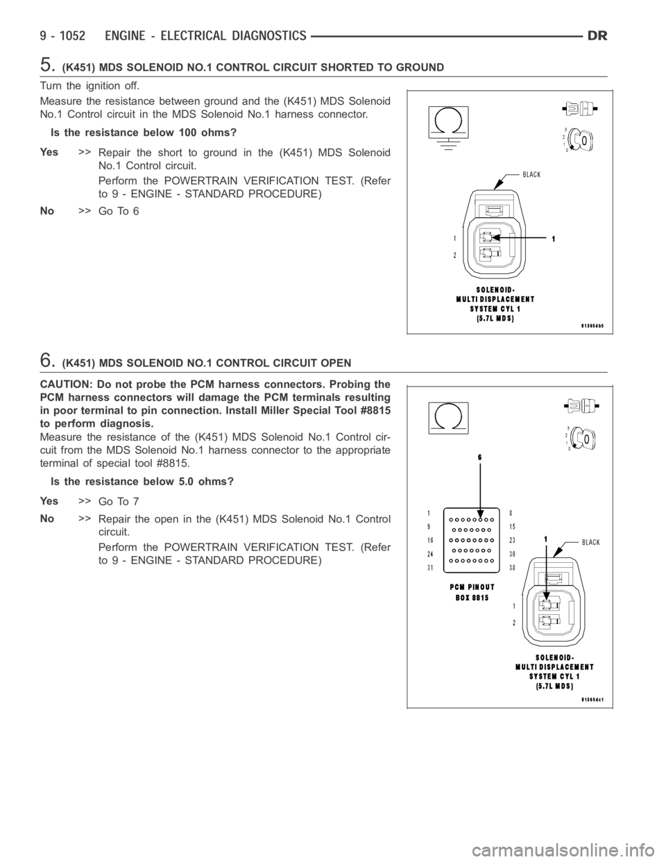 DODGE RAM SRT-10 2006  Service Repair Manual 5.(K451) MDS SOLENOID NO.1 CONTROL CIRCUIT SHORTED TO GROUND
Turn the ignition off.
Measure the resistance between ground and the (K451) MDS Solenoid
No.1 Control circuit in the MDS Solenoid No.1 harn