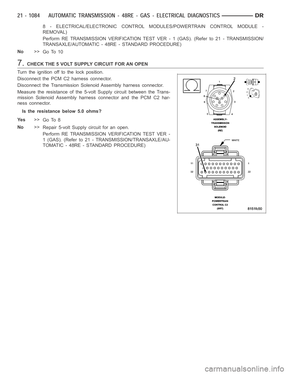DODGE RAM SRT-10 2006 Service Repair Manual 8 - ELECTRICAL/ELECTRONIC CONTROL MODULES/POWERTRAIN CONTROL MODULE -
REMOVAL)
Perform RE TRANSMISSION VERIFICATION TEST VER - 1 (GAS). (Refer to 21 - TRANSMISSION/
TRANSAXLE/AUTOMATIC - 48RE - STANDA DODGE RAM SRT-10 2006 Service Repair Manual 8 - ELECTRICAL/ELECTRONIC CONTROL MODULES/POWERTRAIN CONTROL MODULE -
REMOVAL)
Perform RE TRANSMISSION VERIFICATION TEST VER - 1 (GAS). (Refer to 21 - TRANSMISSION/
TRANSAXLE/AUTOMATIC - 48RE - STANDA