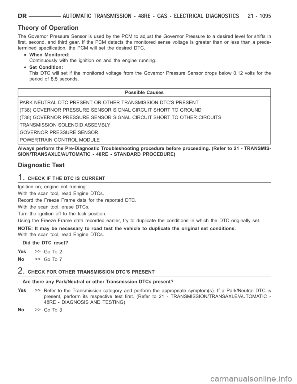 DODGE RAM SRT-10 2006 Service Repair Manual Theory of Operation
The Governor Pressure Sensor is used by the PCM to adjust the Governor Pressure to a desired level for shifts in
first, second, and third gear. If the PCM detects the monitored sen DODGE RAM SRT-10 2006 Service Repair Manual Theory of Operation
The Governor Pressure Sensor is used by the PCM to adjust the Governor Pressure to a desired level for shifts in
first, second, and third gear. If the PCM detects the monitored sen