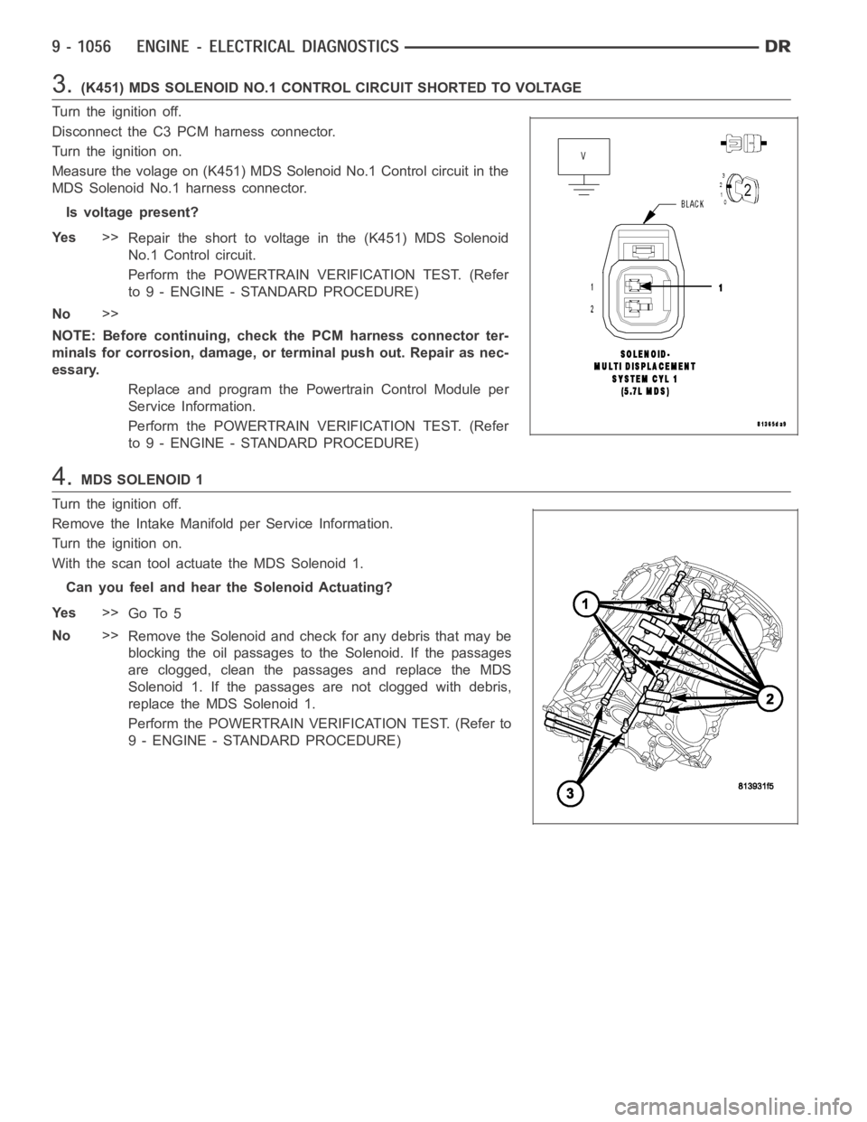 DODGE RAM SRT-10 2006  Service Repair Manual 3.(K451) MDS SOLENOID NO.1 CONTROL CIRCUIT SHORTED TO VOLTAGE
Turn the ignition off.
Disconnect the C3 PCM harness connector.
Turn the ignition on.
Measure the volage on (K451) MDS Solenoid No.1 Contr