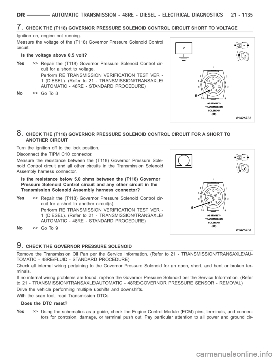 DODGE RAM SRT-10 2006 Service Repair Manual 7.CHECK THE (T118) GOVERNOR PRESSURE SOLENOID CONTROL CIRCUIT SHORT TO VOLTAGE
Ignition on, engine not running.
Measure the voltage of the (T118) Governor Pressure Solenoid Control
circuit.
Is the vol DODGE RAM SRT-10 2006 Service Repair Manual 7.CHECK THE (T118) GOVERNOR PRESSURE SOLENOID CONTROL CIRCUIT SHORT TO VOLTAGE
Ignition on, engine not running.
Measure the voltage of the (T118) Governor Pressure Solenoid Control
circuit.
Is the vol