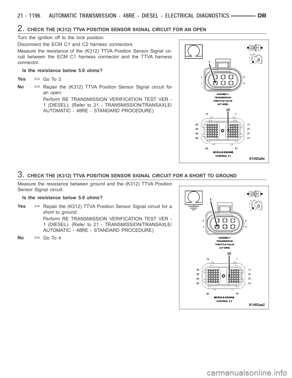 DODGE RAM SRT-10 2006 Service Repair Manual 2.CHECK THE (K312) TTVA POSITION SENSOR SIGNAL CIRCUIT FOR AN OPEN
Turn the ignition off to the lock position.
Disconnect the ECM C1 and C2 harness connectors.
Measure the resistance of the (K312) TTV DODGE RAM SRT-10 2006 Service Repair Manual 2.CHECK THE (K312) TTVA POSITION SENSOR SIGNAL CIRCUIT FOR AN OPEN
Turn the ignition off to the lock position.
Disconnect the ECM C1 and C2 harness connectors.
Measure the resistance of the (K312) TTV