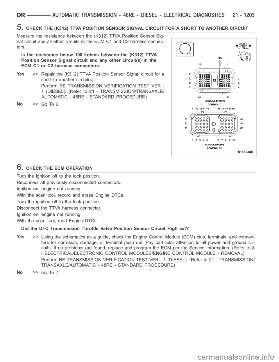 DODGE RAM SRT-10 2006 Service Repair Manual 5.CHECK THE (K312) TTVA POSITION SENSOR SIGNAL CIRCUIT FOR A SHORT TO ANOTHERCIRCUIT
Measure the resistance between the (K312) TTVA Position Sensor Sig-
nal circuit and all other circuits in the ECM C DODGE RAM SRT-10 2006 Service Repair Manual 5.CHECK THE (K312) TTVA POSITION SENSOR SIGNAL CIRCUIT FOR A SHORT TO ANOTHERCIRCUIT
Measure the resistance between the (K312) TTVA Position Sensor Sig-
nal circuit and all other circuits in the ECM C