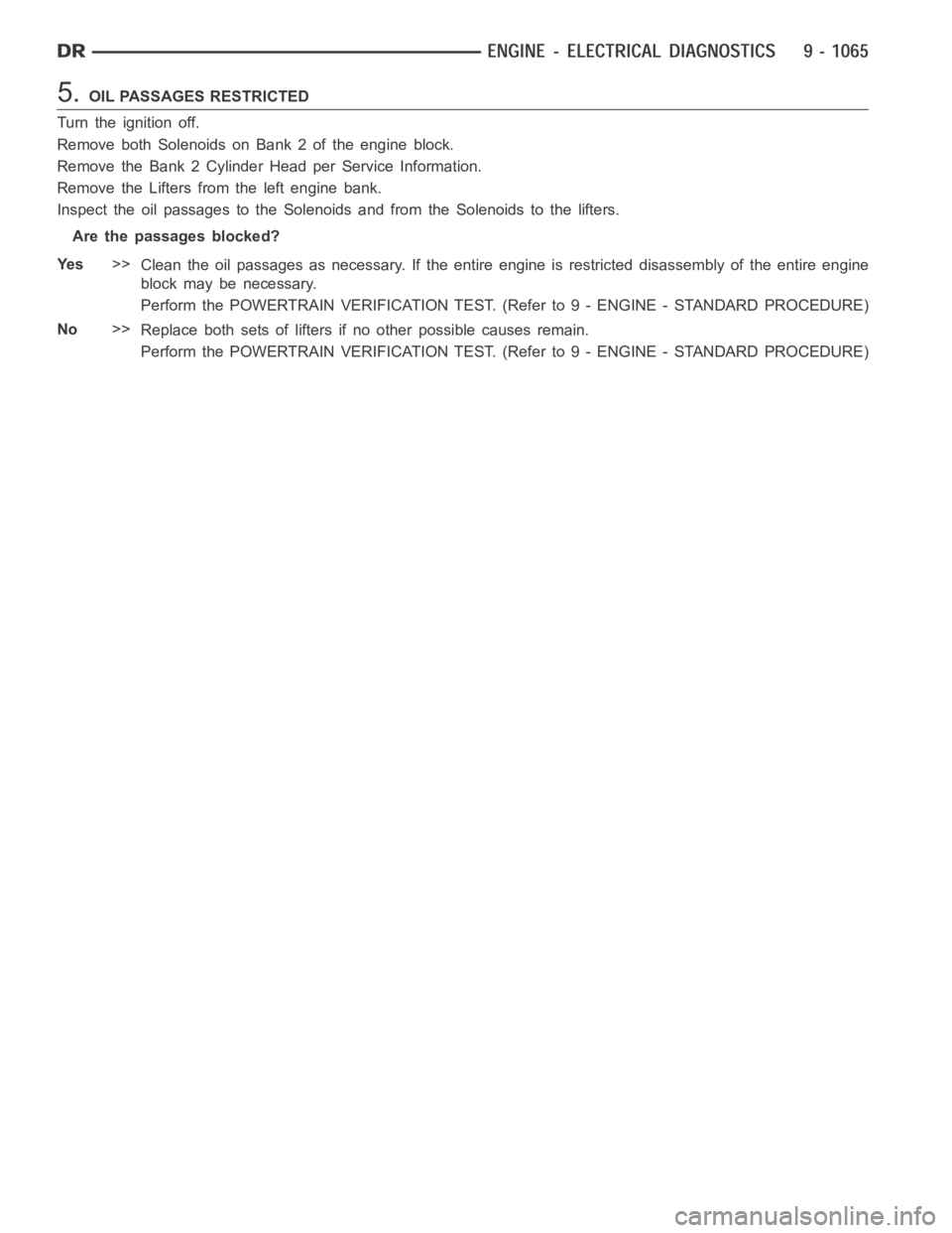 DODGE RAM SRT-10 2006 Service Repair Manual 5.OIL PASSAGES RESTRICTED
Turn the ignition off.
Remove both Solenoids on Bank 2 of the engine block.
Remove the Bank 2 Cylinder Head per Service Information.
Remove the Lifters from the left engine b DODGE RAM SRT-10 2006 Service Repair Manual 5.OIL PASSAGES RESTRICTED
Turn the ignition off.
Remove both Solenoids on Bank 2 of the engine block.
Remove the Bank 2 Cylinder Head per Service Information.
Remove the Lifters from the left engine b