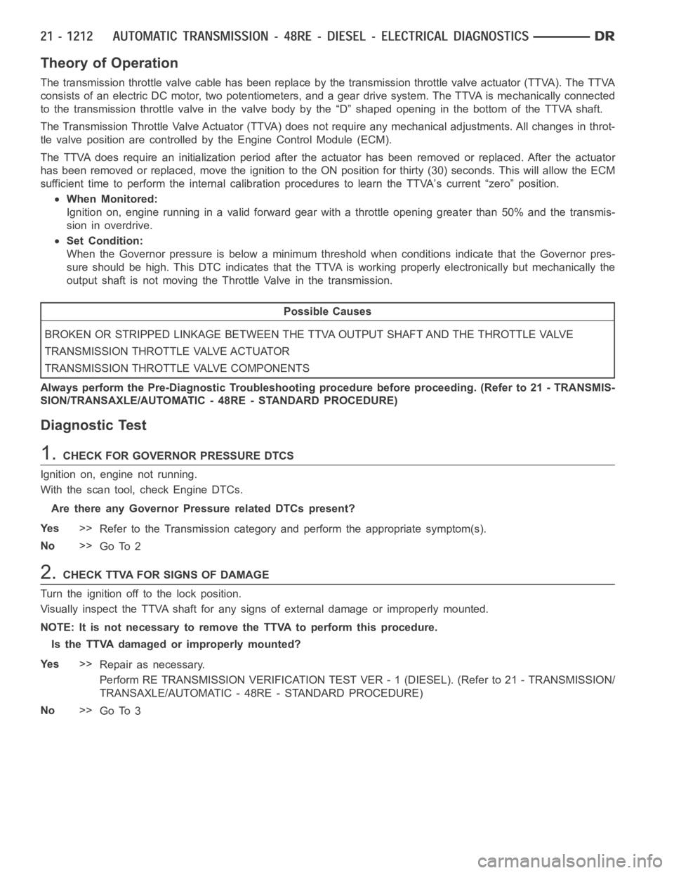 DODGE RAM SRT-10 2006  Service Repair Manual Theory of Operation
The transmission throttle valve cable has been replace by the transmission throttle valve actuator (TTVA). The TTVA
consists of an electric DC motor, two potentiometers, and a gear