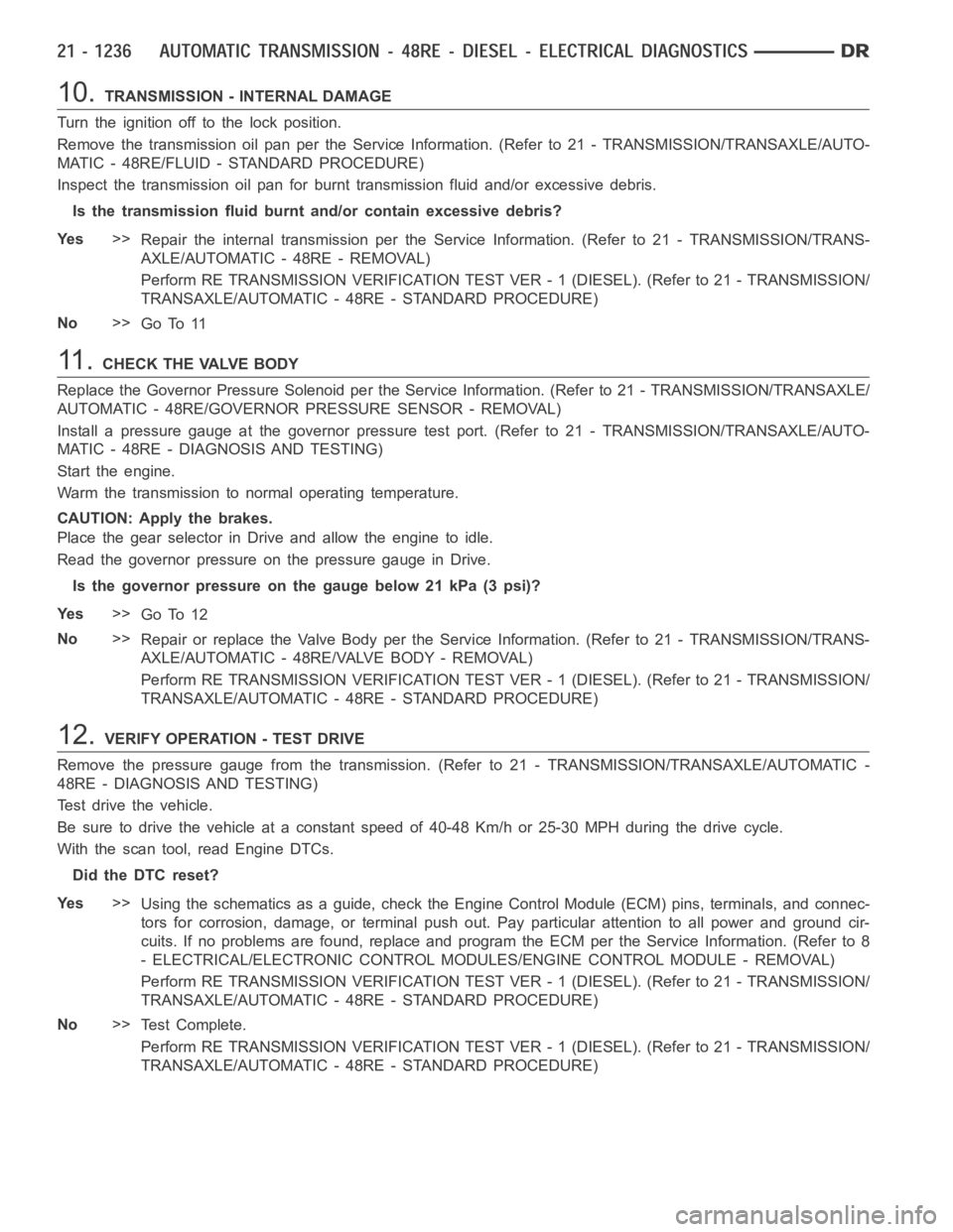 DODGE RAM SRT-10 2006 Service Repair Manual 10.TRANSMISSION - INTERNAL DAMAGE
Turn the ignition off to the lock position.
Remove the transmission oil pan per the Service Information. (Refer to 21 -TRANSMISSION/TRANSAXLE/AUTO-
MATIC - 48RE/FLUID DODGE RAM SRT-10 2006 Service Repair Manual 10.TRANSMISSION - INTERNAL DAMAGE
Turn the ignition off to the lock position.
Remove the transmission oil pan per the Service Information. (Refer to 21 -TRANSMISSION/TRANSAXLE/AUTO-
MATIC - 48RE/FLUID