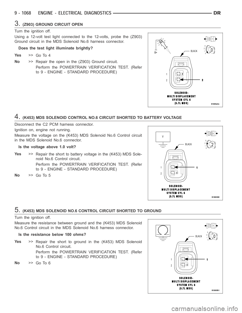 DODGE RAM SRT-10 2006 Service Repair Manual 3.(Z903) GROUND CIRCUIT OPEN
Turn the ignition off.
Using a 12-volt test light connected to the 12-volts, probe the (Z903)
Ground circuit in the MDS Solenoid No.6 harness connector.
Does the test ligh DODGE RAM SRT-10 2006 Service Repair Manual 3.(Z903) GROUND CIRCUIT OPEN
Turn the ignition off.
Using a 12-volt test light connected to the 12-volts, probe the (Z903)
Ground circuit in the MDS Solenoid No.6 harness connector.
Does the test ligh