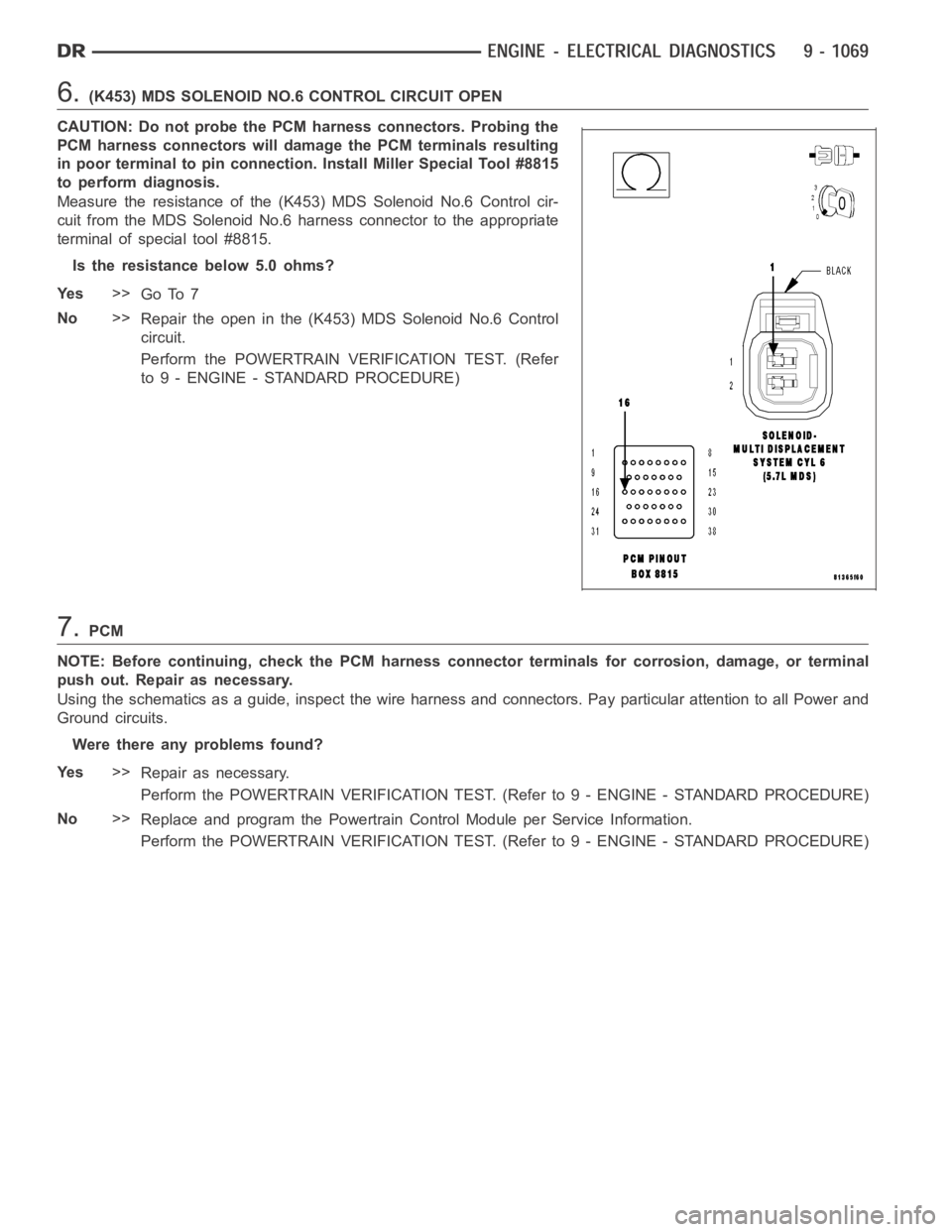 DODGE RAM SRT-10 2006 Service Repair Manual 6.(K453) MDS SOLENOID NO.6 CONTROL CIRCUIT OPEN
CAUTION: Do not probe the PCM harness connectors. Probing the
PCM harness connectors will damage the PCM terminals resulting
in poor terminal to pin con DODGE RAM SRT-10 2006 Service Repair Manual 6.(K453) MDS SOLENOID NO.6 CONTROL CIRCUIT OPEN
CAUTION: Do not probe the PCM harness connectors. Probing the
PCM harness connectors will damage the PCM terminals resulting
in poor terminal to pin con