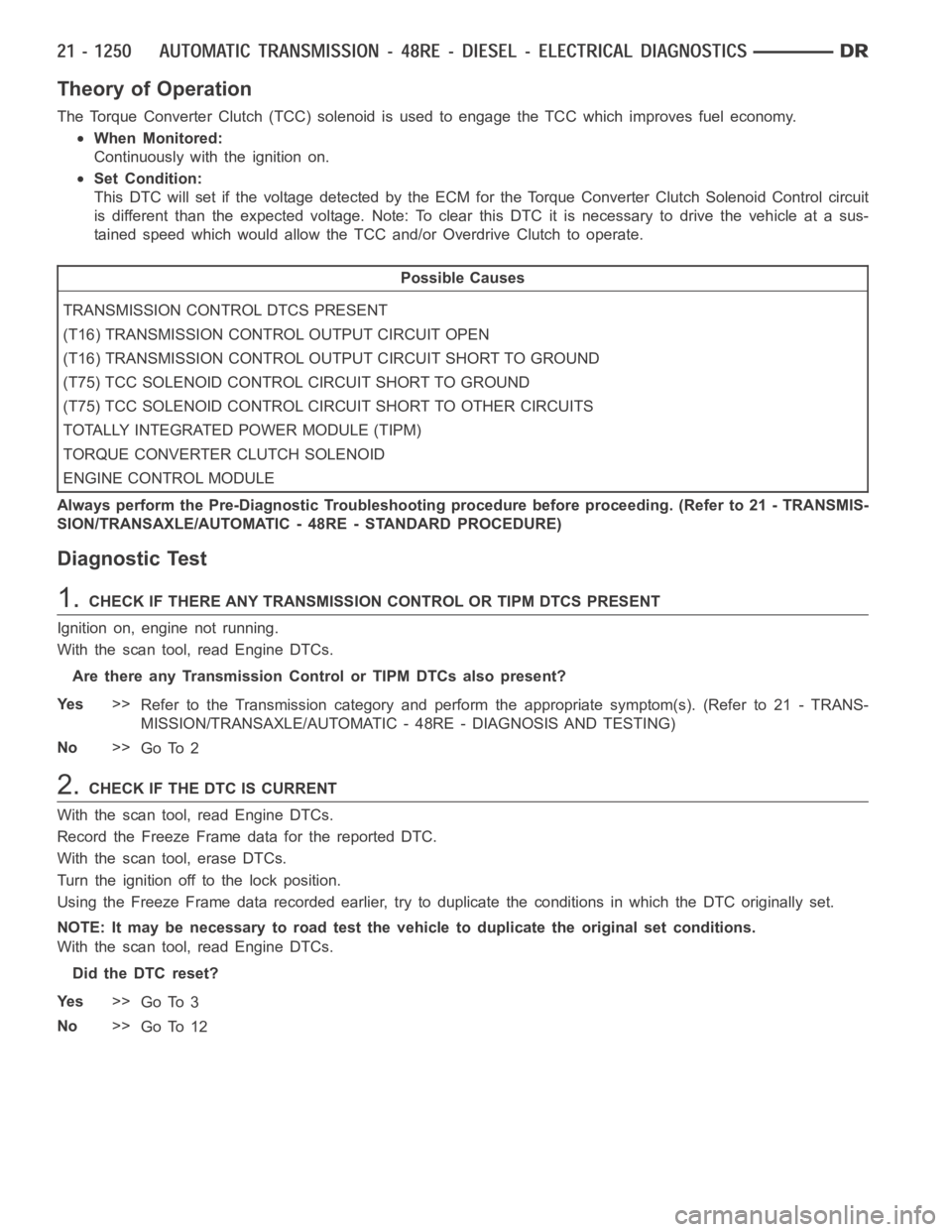 DODGE RAM SRT-10 2006  Service Repair Manual Theory of Operation
The Torque Converter Clutch (TCC) solenoid is used to engage the TCC which improves fuel economy.
When Monitored:
Continuously with the ignition on.
Set Condition:
This DTC will se