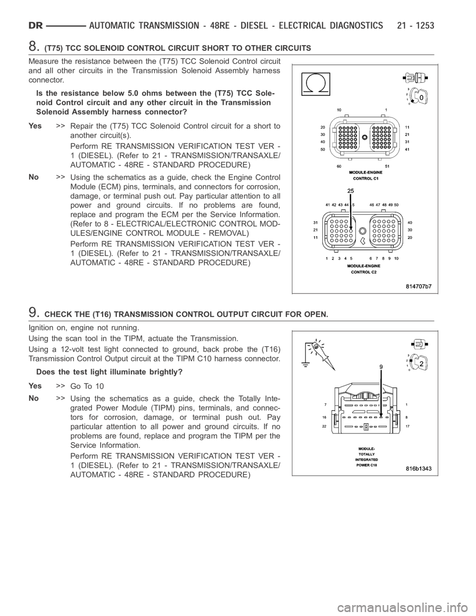DODGE RAM SRT-10 2006  Service Repair Manual 8.(T75) TCC SOLENOID CONTROL CIRCUIT SHORT TO OTHER CIRCUITS
Measure the resistance between the (T75) TCC Solenoid Control circuit
and all other circuits in the Transmission Solenoid Assembly harness

