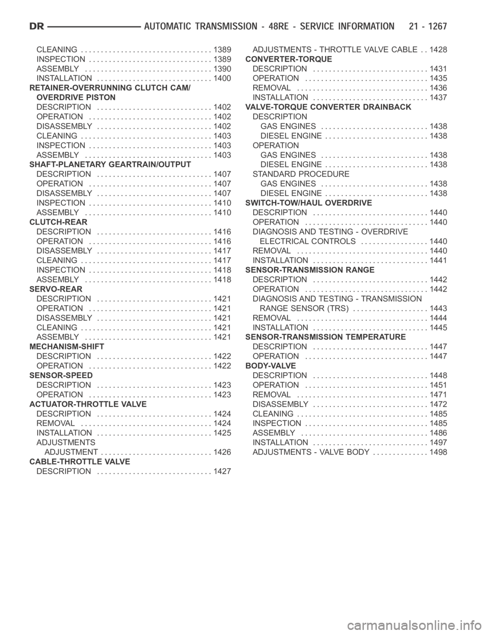 DODGE RAM SRT-10 2006 Service Repair Manual CLEANING ................................. 1389
INSPECTION ............................... 1389
ASSEMBLY . ............................... 1390
INSTALLATION ............................. 1400
RETAINER DODGE RAM SRT-10 2006 Service Repair Manual CLEANING ................................. 1389
INSPECTION ............................... 1389
ASSEMBLY . ............................... 1390
INSTALLATION ............................. 1400
RETAINER