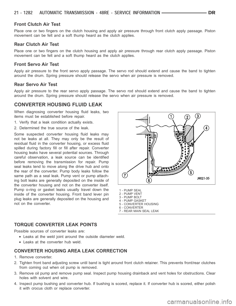 DODGE RAM SRT-10 2006  Service Repair Manual Front Clutch Air Test
Place one or two fingers on the clutch housing and apply air pressure through front clutch apply passage. Piston
movement can be felt and a soft thump heard as the clutch applies