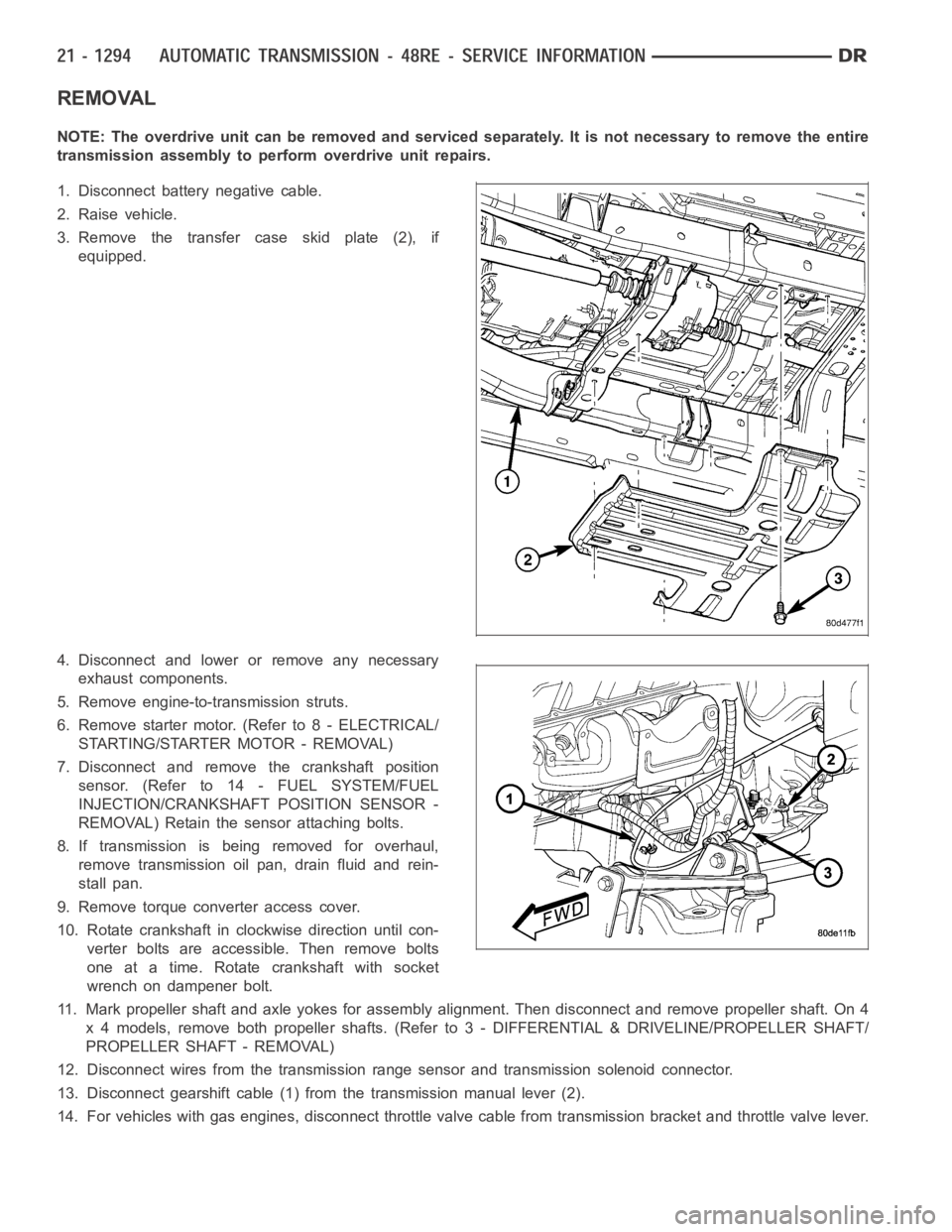 DODGE RAM SRT-10 2006 Service Repair Manual REMOVAL
NOTE: The overdrive unit can be removed and serviced separately. It is not necessary to remove the entire
transmission assembly to perform overdrive unit repairs.
1. Disconnect battery negativ DODGE RAM SRT-10 2006 Service Repair Manual REMOVAL
NOTE: The overdrive unit can be removed and serviced separately. It is not necessary to remove the entire
transmission assembly to perform overdrive unit repairs.
1. Disconnect battery negativ