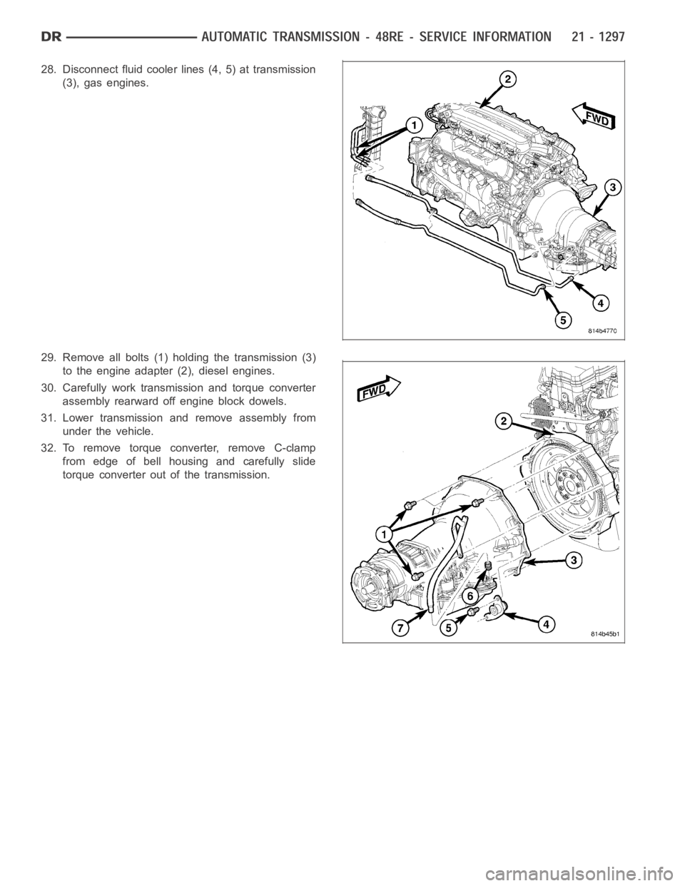 DODGE RAM SRT-10 2006 Service Repair Manual 28. Disconnect fluid cooler lines (4, 5) at transmission
(3), gas engines.
29. Remove all bolts (1) holding the transmission (3)
to the engine adapter (2), diesel engines.
30. Carefully work transmiss DODGE RAM SRT-10 2006 Service Repair Manual 28. Disconnect fluid cooler lines (4, 5) at transmission
(3), gas engines.
29. Remove all bolts (1) holding the transmission (3)
to the engine adapter (2), diesel engines.
30. Carefully work transmiss