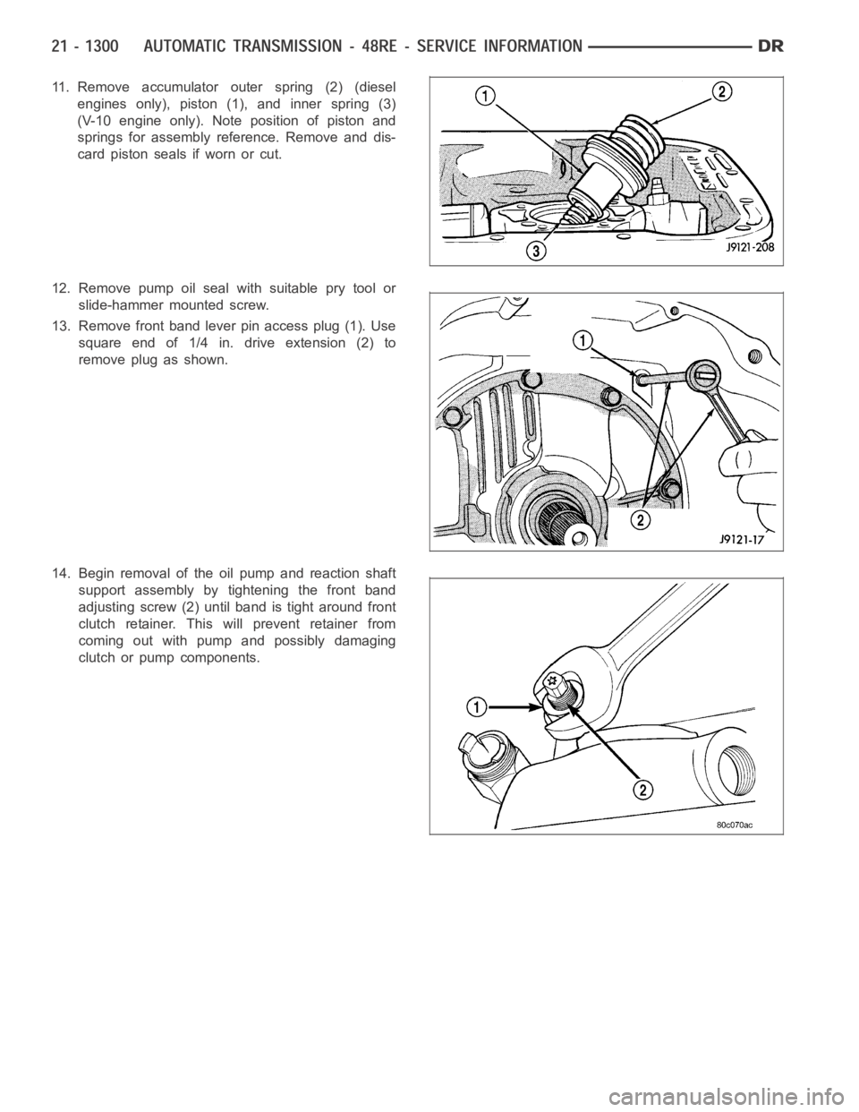 DODGE RAM SRT-10 2006 Service Repair Manual 11. Remove accumulator outer spring (2) (diesel
engines only), piston (1), and inner spring (3)
(V-10 engine only). Note position of piston and
springs for assembly reference. Remove and dis-
card pis DODGE RAM SRT-10 2006 Service Repair Manual 11. Remove accumulator outer spring (2) (diesel
engines only), piston (1), and inner spring (3)
(V-10 engine only). Note position of piston and
springs for assembly reference. Remove and dis-
card pis